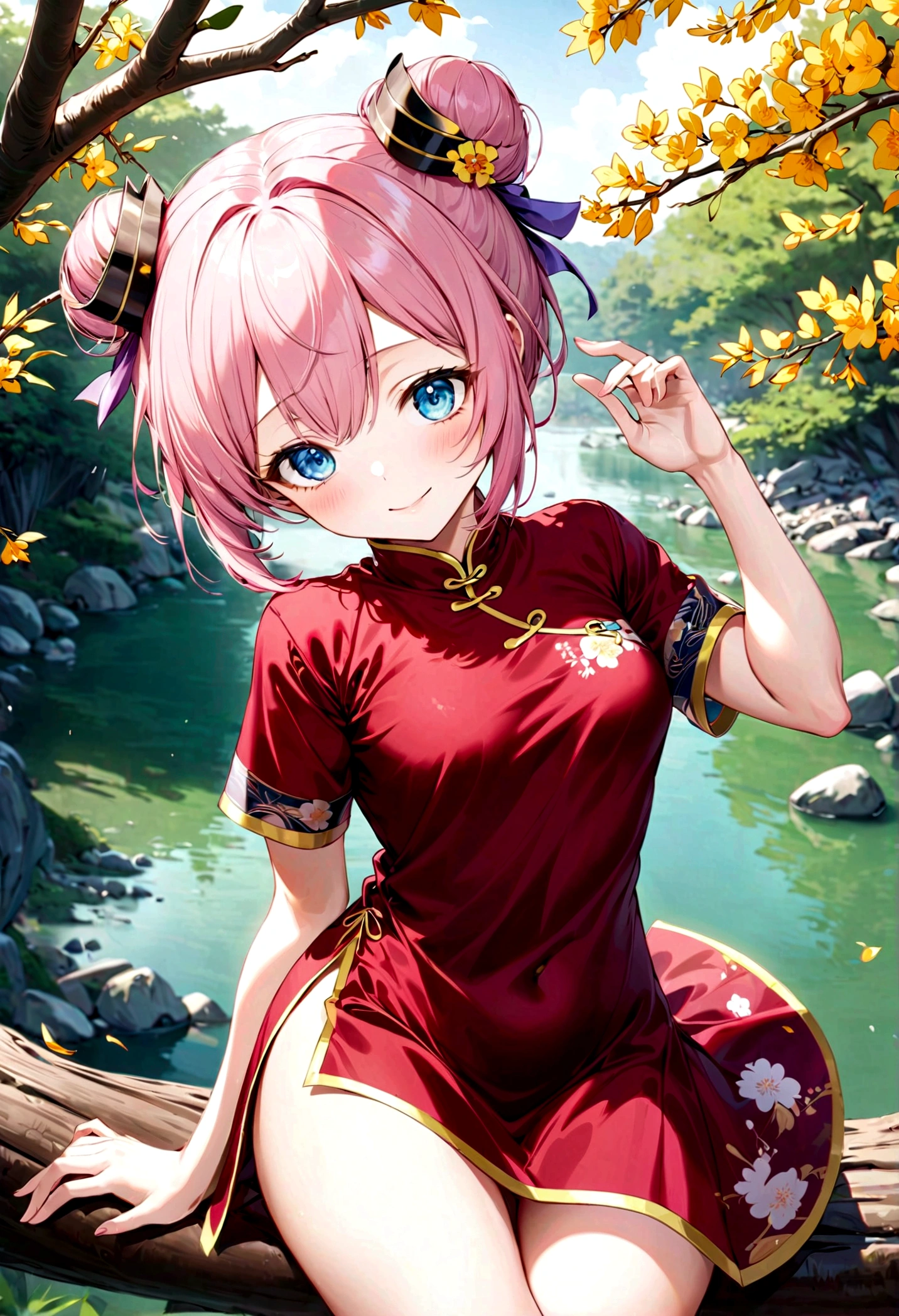 Gintama, Kagura, Pink hair, red dress, double bun, bun cover, china dress, chinese clothes, knee boots, short sleeves, small breasts, Blue eyes, tree, (in_tree), all_fours, on branch, v,, (masterpiece:1.3), (best_quality:1.3), (ultra_detailed:1.3), 8k, extremely_clear,, 1girl, solo, wide_shot,, outdoors,, insane details, intricate details, hyperdetailed, ultra detailed, extreme detailed, highest detailed, high_detail, colorful, beautiful, hdr, photorealistic, highres, ultra_high_res, photography, aesthetic, extremely_delicate,, seductive_smile,