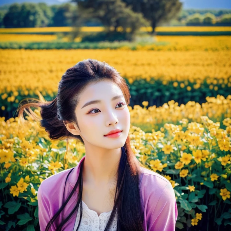 Woman, ponytail, long, flowing hair, Hair floats up, hair floats up , Long hair wearing a black shirt poses in a field of flowers, beautiful south beautiful asian girl, Thai anime, 3 D, 8k, Shot with a high quality Fuji camera, quality 45.,000,000 pixels, realistic light colors,korean woman, beautiful young korean woman, gorgeous young korean woman, Chinese girl, Gorgeous Chinese model, Korean girl, beautiful asian girl, korean woman, Chinese woman,