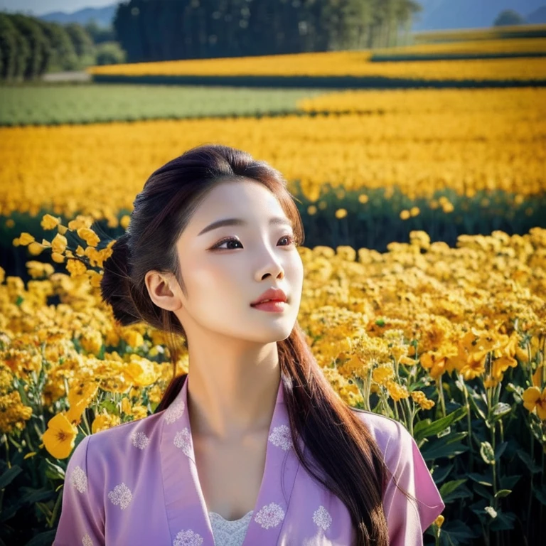 Woman, ponytail, long, flowing hair, Hair floats up, hair floats up , Long hair wearing a black shirt poses in a field of flowers, beautiful south beautiful asian girl, Thai anime, 3 D, 8k, Shot with a high quality Fuji camera, quality 45.,000,000 pixels, realistic light colors,korean woman, beautiful young korean woman, gorgeous young korean woman, Chinese girl, Gorgeous Chinese model, Korean girl, beautiful asian girl, korean woman, Chinese woman,