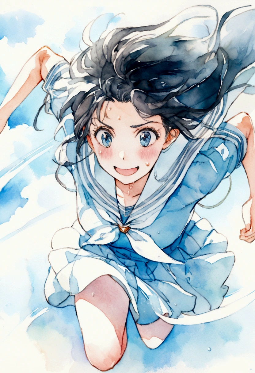 Vast blue sky,Watercolor,Very detailed, delicate and dynamic,A big smile,Super quality, 16k,Student bag,Black Hair,A high school girl runs through the blue sky,白いcloud,running,Sailor suit,uniform,youth,,Blue sky,cloud, Wind-effect, background,Sideways dash,Sweat,Sideways dash,