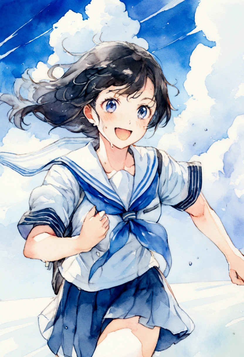 Vast blue sky,Watercolor,Very detailed, delicate and dynamic,A big smile,Super quality, 16k,Student bag,Black Hair,A high school girl runs through the blue sky,白いcloud,running,Sailor suit,uniform,youth,,Blue sky,cloud, Wind-effect, background,Sideways dash,Sweat,Sideways dash,