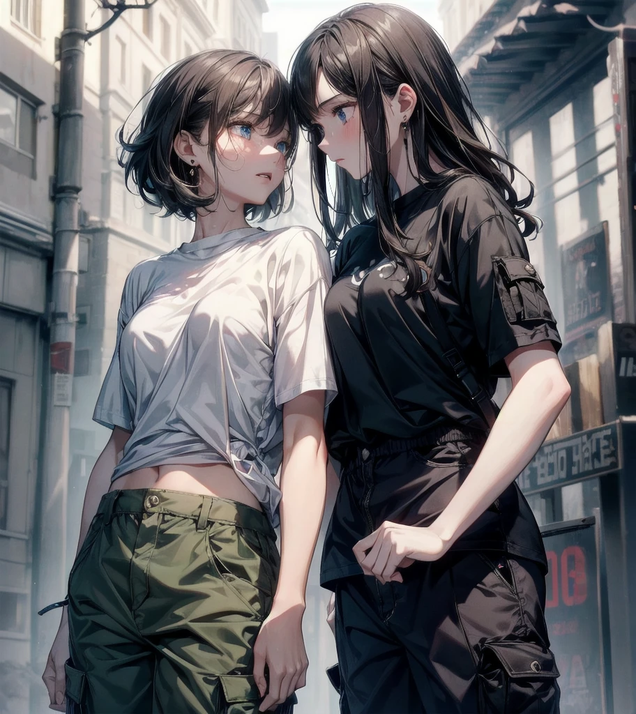 t-shirt, cargo pants, shorts, whole body, absurdres, RAW photo, extremely delicate and beautiful, masterpiece, Best Quality, ultra high resolution, 32k, hyperrealistic, ultra-detailed, detailed description, perfect anatomy, pale skin, 20 years old, detailed beautiful face and eyes, tearful mole, earring, short medium hair, wavy hair, ((yuri)), ((2 girls)),