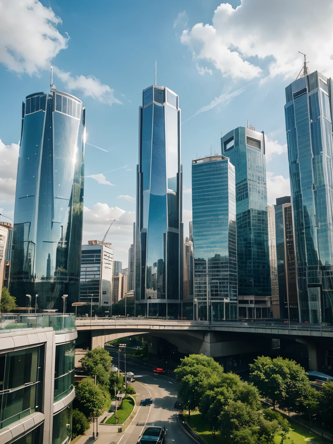 A green future city landscape, Glass and silver buildings connected by sky bridges，photography，Realism，photo，Rich colors