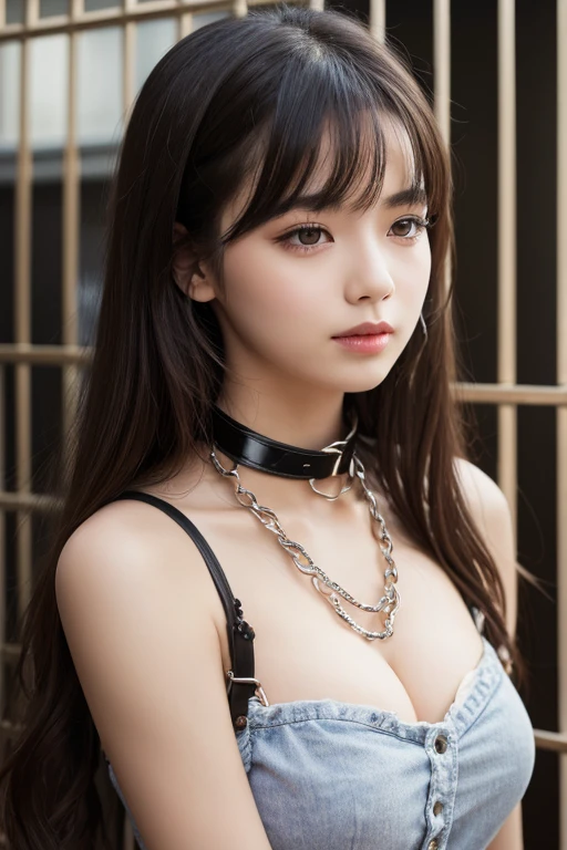 Beautiful woman wearing a dog collar In a cage The collar is chained