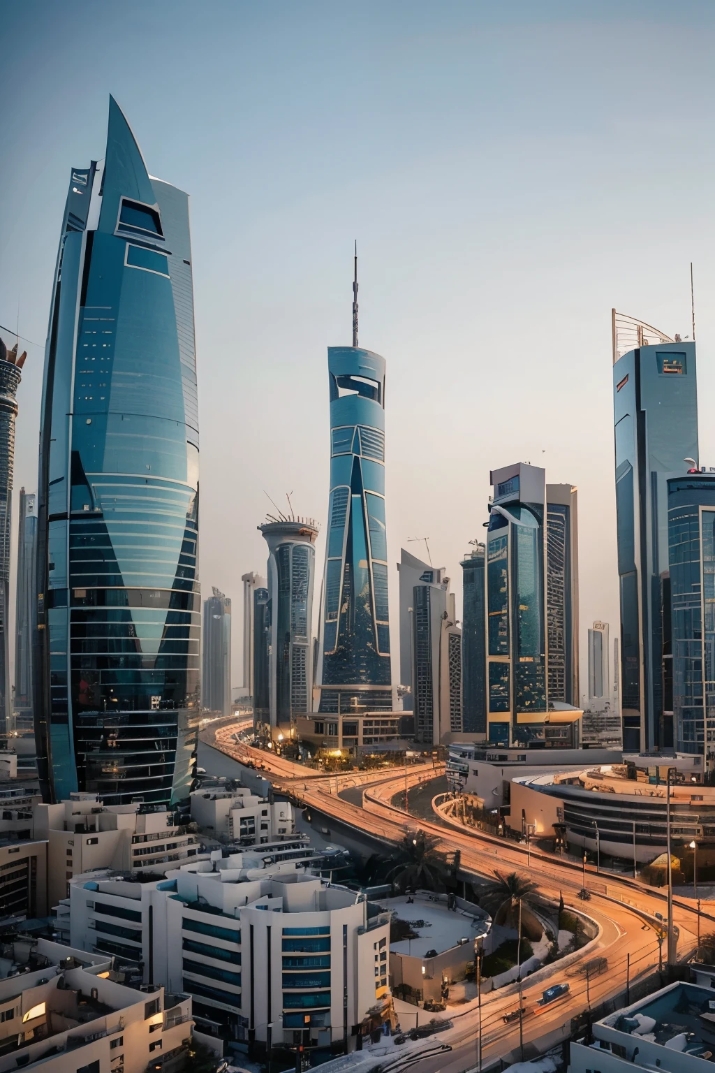 Future Cities in the Kingdom of Bahrain, Manama, There are snowflakes in winter, Bright colors, white and blue, cold, 4k, Practical,Beautiful and stunning artwork,Overlooking，Bird&#39;s eye view