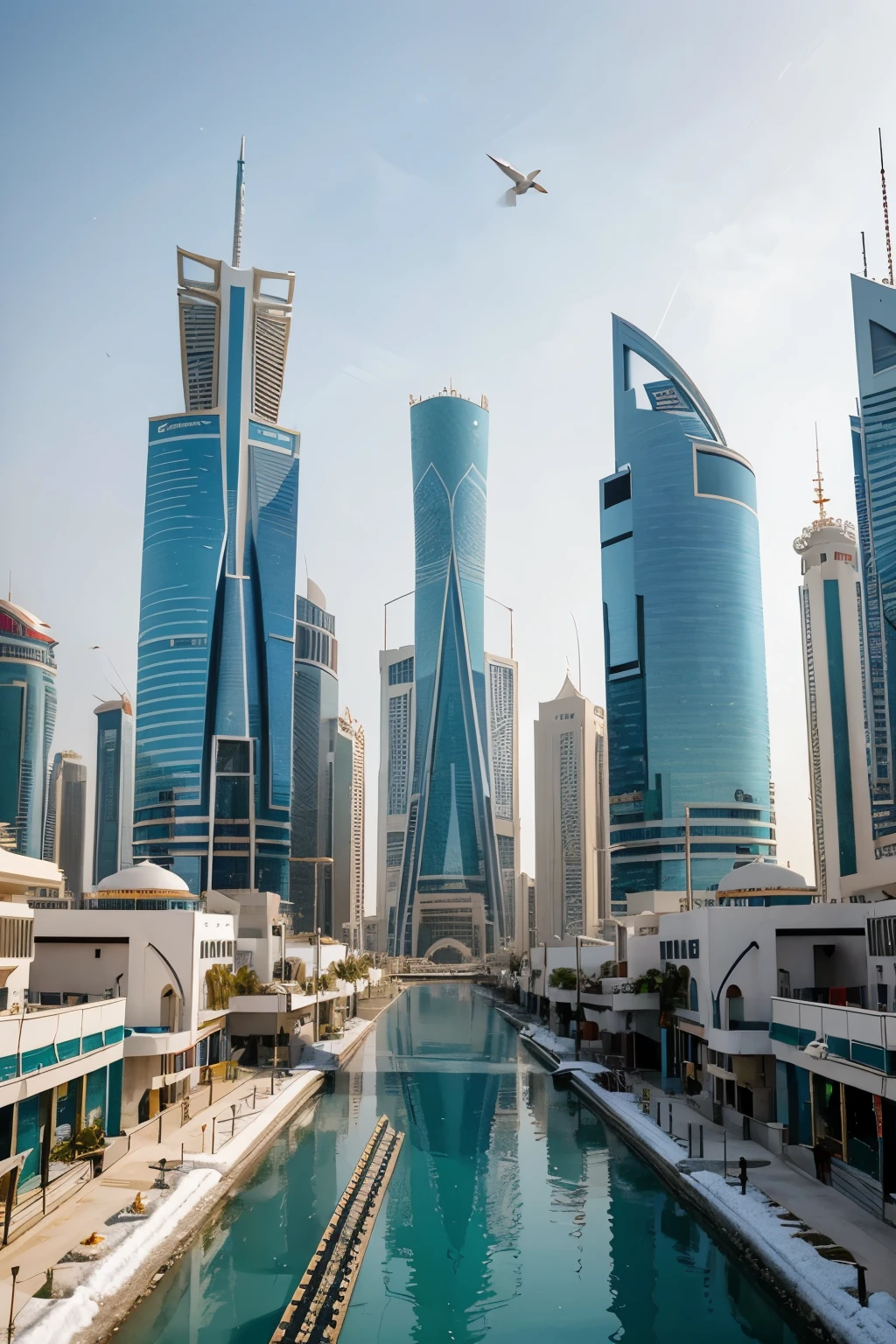 Future Cities in the Kingdom of Bahrain, Manama, There are snowflakes in winter, Bright colors, white and blue, cold, 4k, Practical,Beautiful and stunning artwork,Overlooking，Bird&#39;s eye view