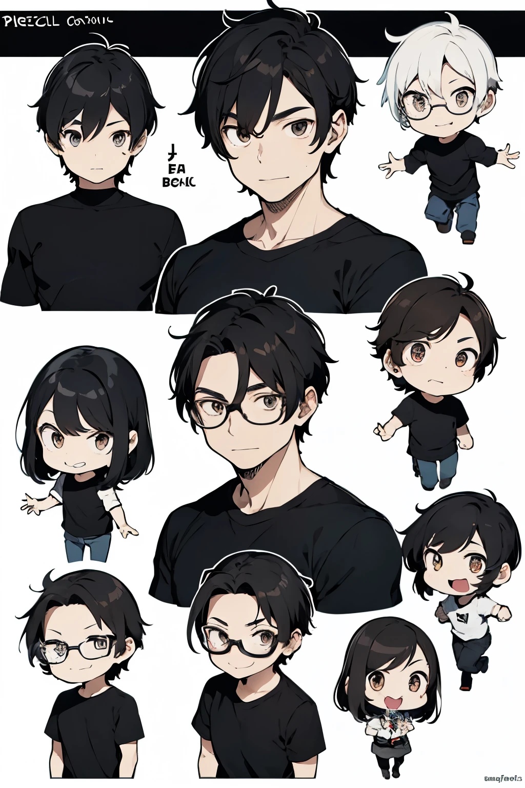 Pixel art para personajes chibi, A man about 35 years old wearing a black shirt and black pants , con bello facial, Brown eyes, que use lentes y el cabello corto y negro.