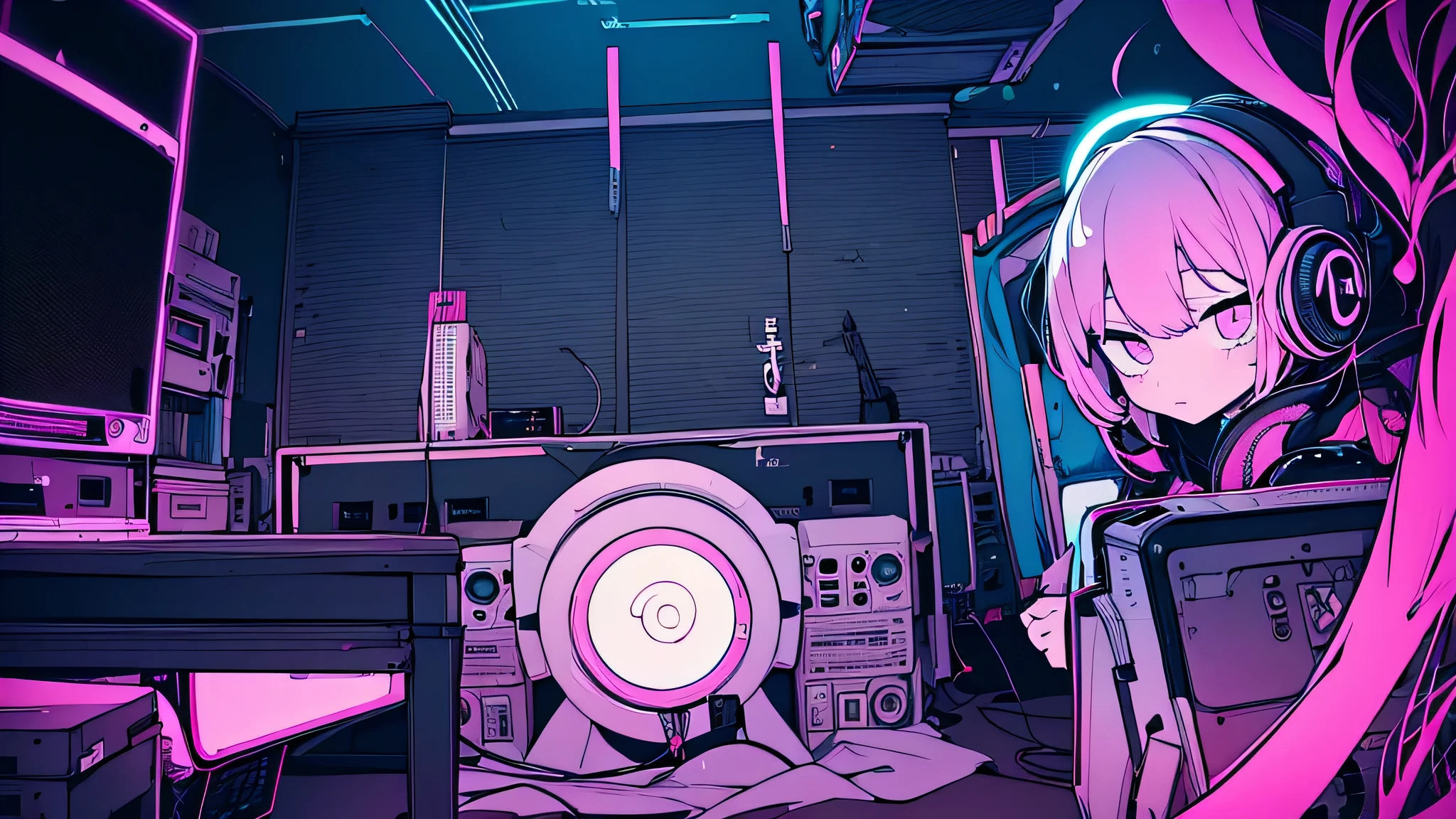 Best quality, (masterpiece:1.2), best detail face,1 girl, big breasts, 18 yo, 8k,absurdres,unity 8k wall paper,(extremely detailed:1.3), highest realistic, (retro headphones:1.1), (soft neon light:1.1), (floating hair:1.2), (psychedelic:1.2), Her room full of music equipment, Light clothing in summer, See the whole room, She is leaving the room, dark yellow color palette