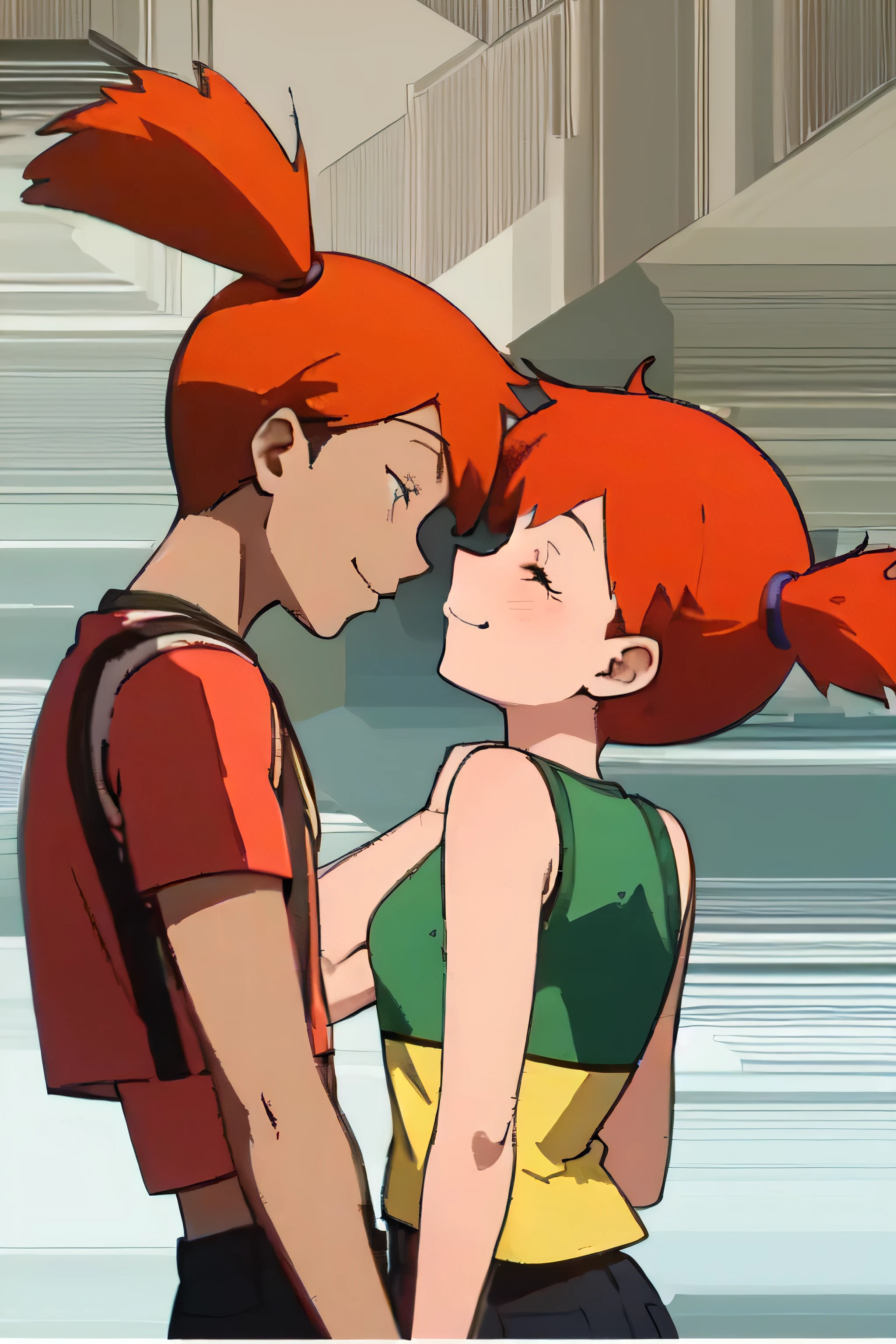 Misty,side view,orange hair,sleeveless,yellow top,hair tied,viewed from side,eyes closed,side view,sensual expression,slightly leaned forwards,leaning in,smiling,viewed from side,looking up,head tilted upwards,smiling,closed eyes ,standing,full body ,viewed from side