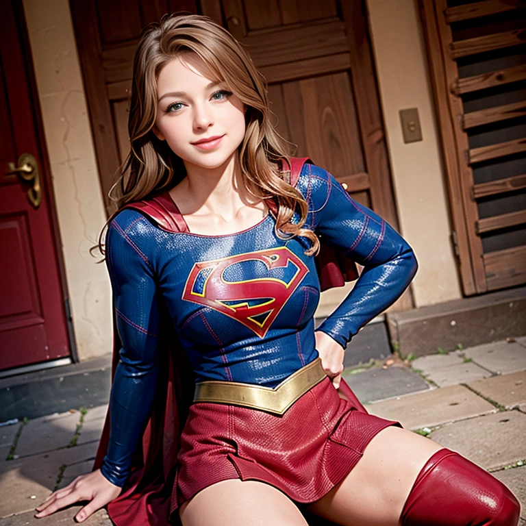 ((best quality)), ((highly detailed)), masterpiece, absurdres, (detailed eyes, deep eyes), (1girl), dutch_angle, upper body, Supergirl, brown hair, long hair, blue eyes, medium breasts, smiling, red skirt, red cape, red boots, skindentation,