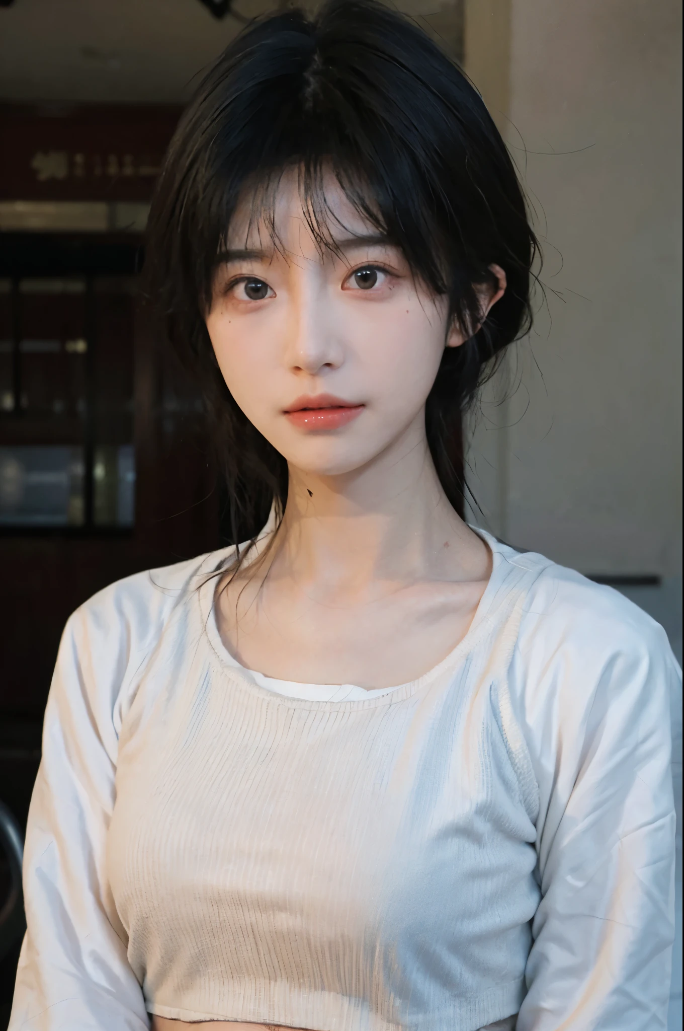 Best quality，Ultra-high resolution，（lifelike：1.4），Cute hairpin，2girll，Short blue hair，jk，Blush，Slim beauty：1.4，Visible abdominal muscles，At school，Ultra-fine face，Exquisite eyes，Double eyelids，