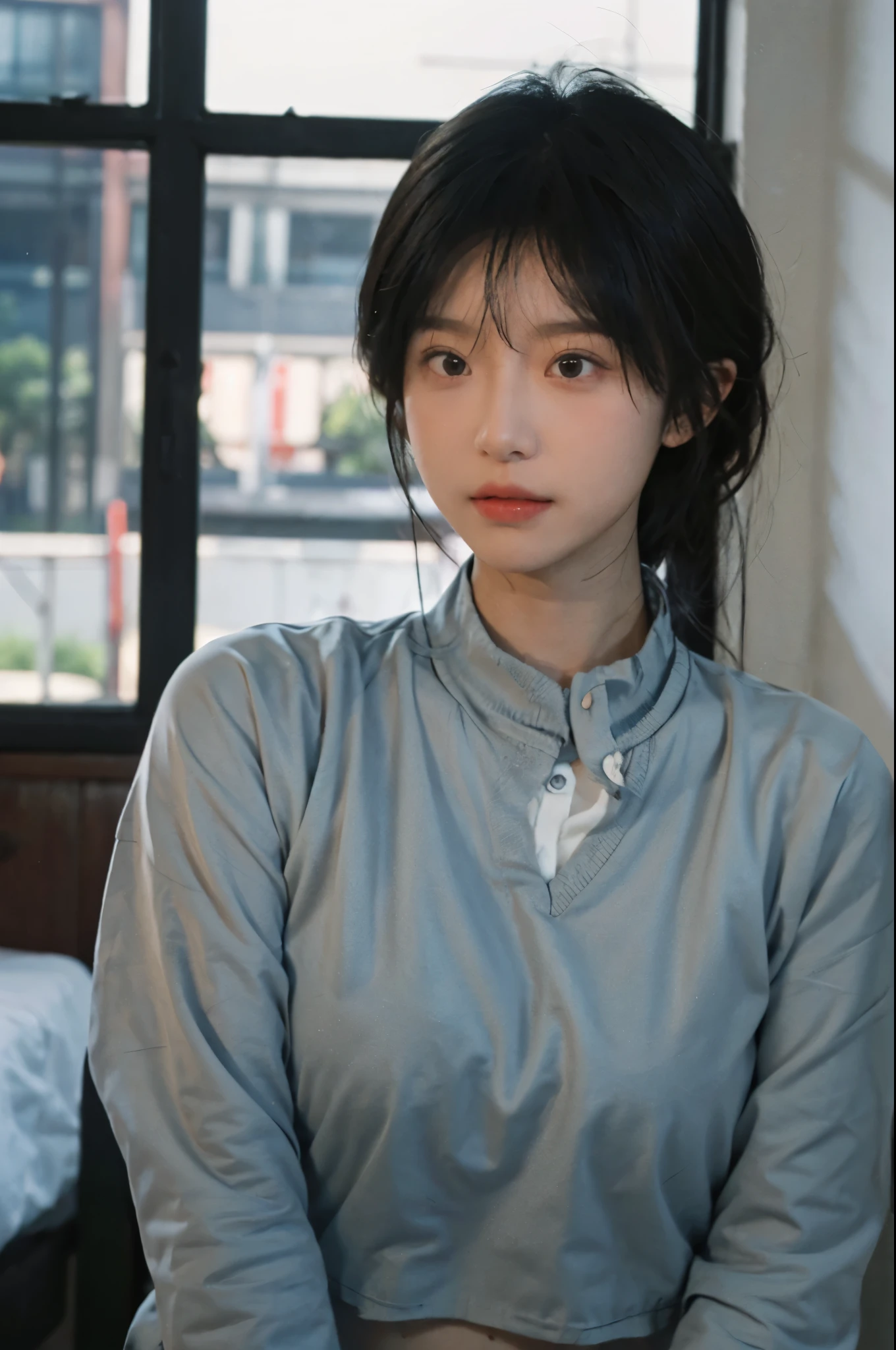 Best quality,Ultra-high resolution,(lifelike:1.4),Cute hairpin,2girll,Short blue hair,jk,Blush,Slim beauty:1.4,Visible abdominal muscles,At school,Ultra-fine face,Exquisite eyes,Double eyelids,