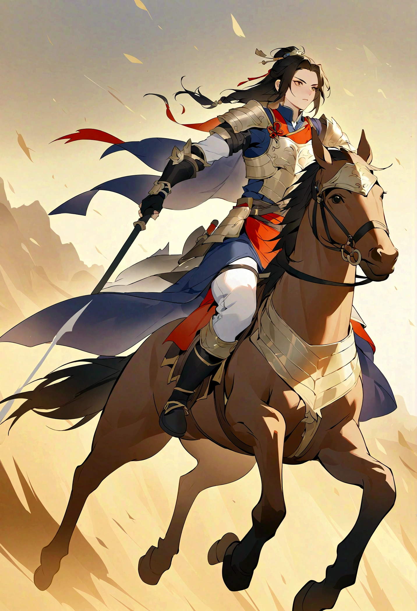 Three Kingdoms, Zhao Zilong, horse riding, Wield a spear, Heroic and fearless, Wearing armor, Behind it is the battlefield, 