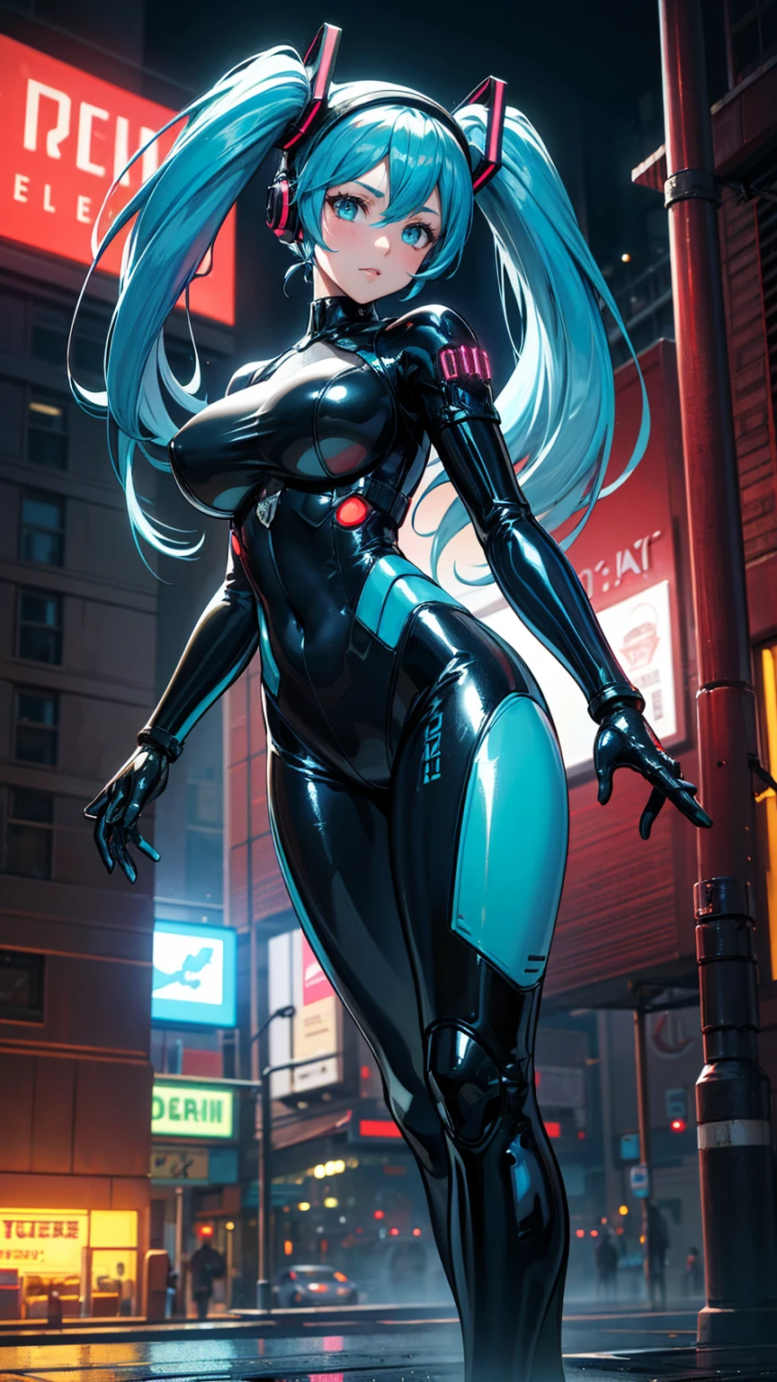 (Highest quality)), (masterpiece), Hatsune Miku VOCALOID, (Twin tails), Light Blue Hair, Water-colored Pupils, Cyberpunk, Ultimate Physical Beauty, Big Ass, (Big Breasts), ((Body suits)), 12-Legged Girl Has electronic visor fitted to her face, red latex body, cyberpunk mode, (light blue hair: 1.4), breast enlargement, neon lights in the dark city at night, Unreal Engine: 1.4, ultra-high resolution, La highest quality: 1.4, Realistic: 1.4, Skin Texture: 1.4, masterpiece: 1.8, masterpiece, highest