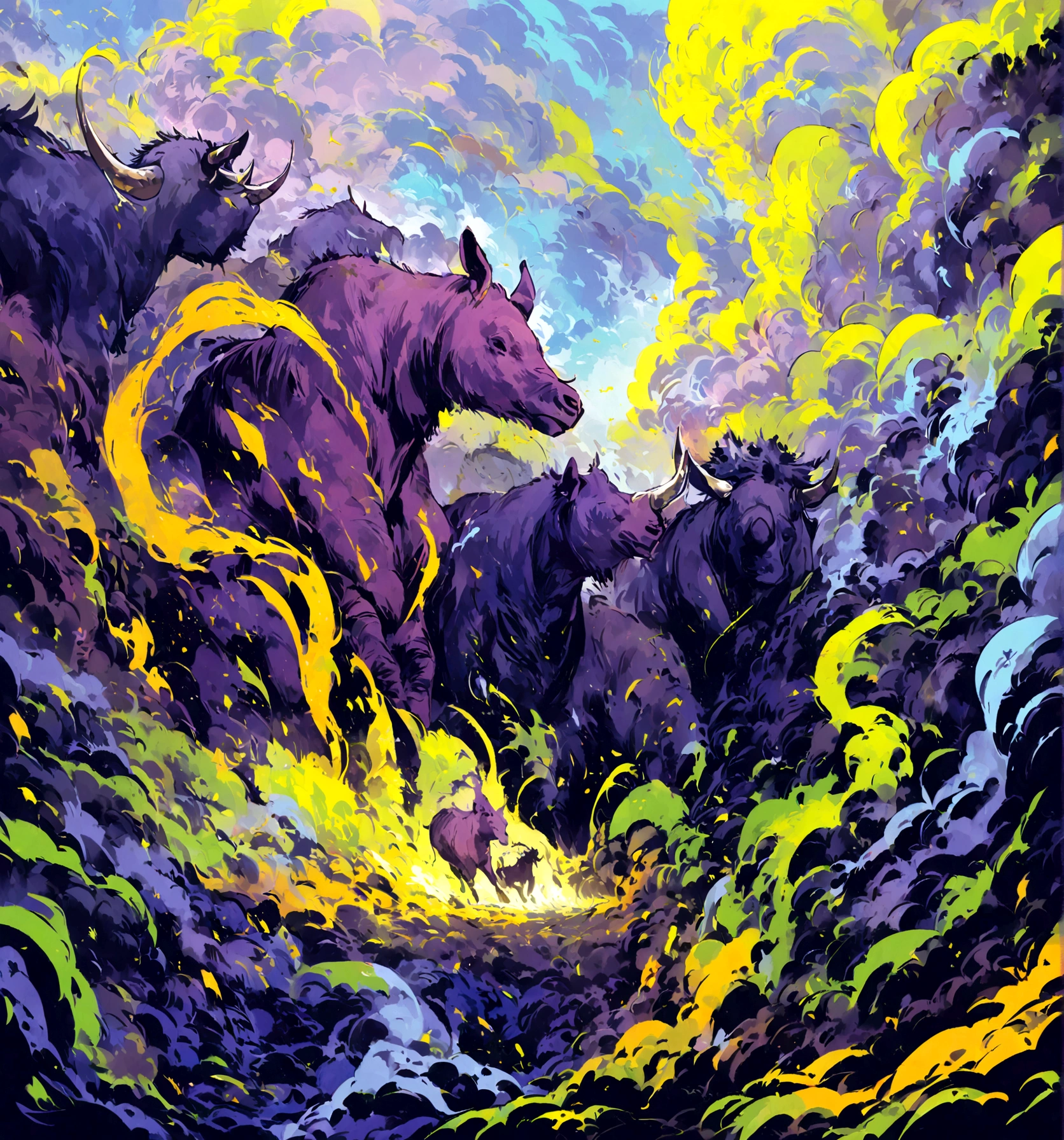 Award-winning art portraying a dramatic storm over the Serengeti plains. Use Fauvist colors like deep blues, purples, and bright yellows to paint the sky and lightning, with dynamic, vigorous brushstrokes to depict the wind-swept grass and the tension in the air. Include animals like wildebeests and rhinos bracing against the storm.