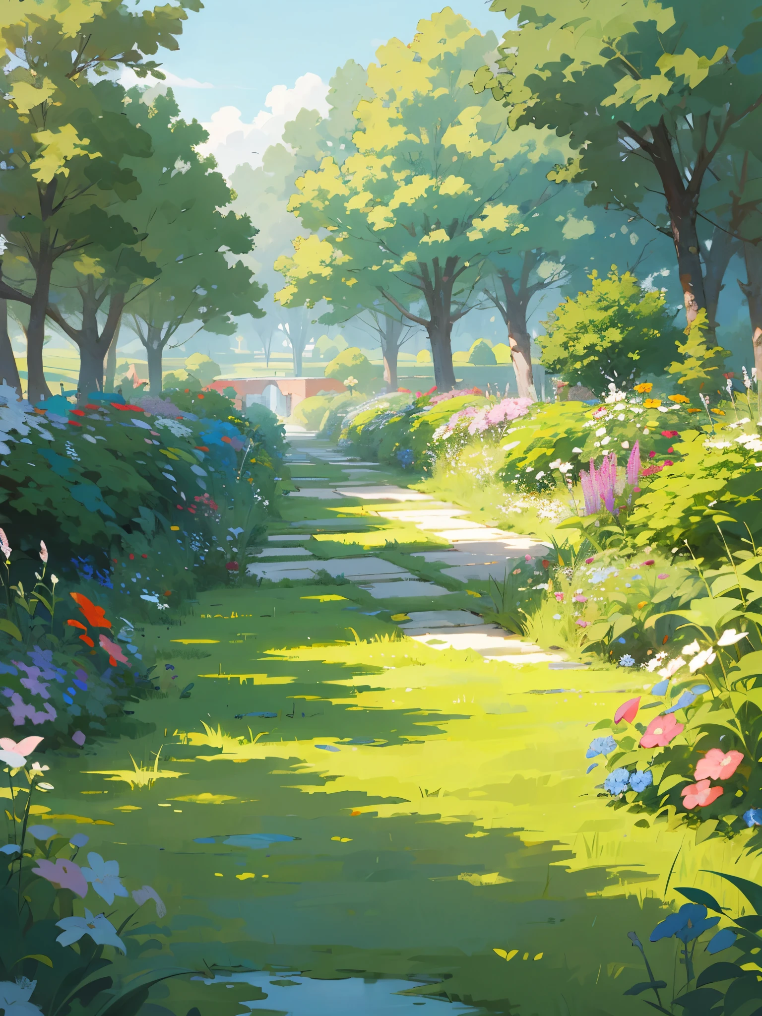 garden,green trees,lakeside,green grass,spring,masterpiece, best quality,illustration style,bright colors,Perfect picture quality,