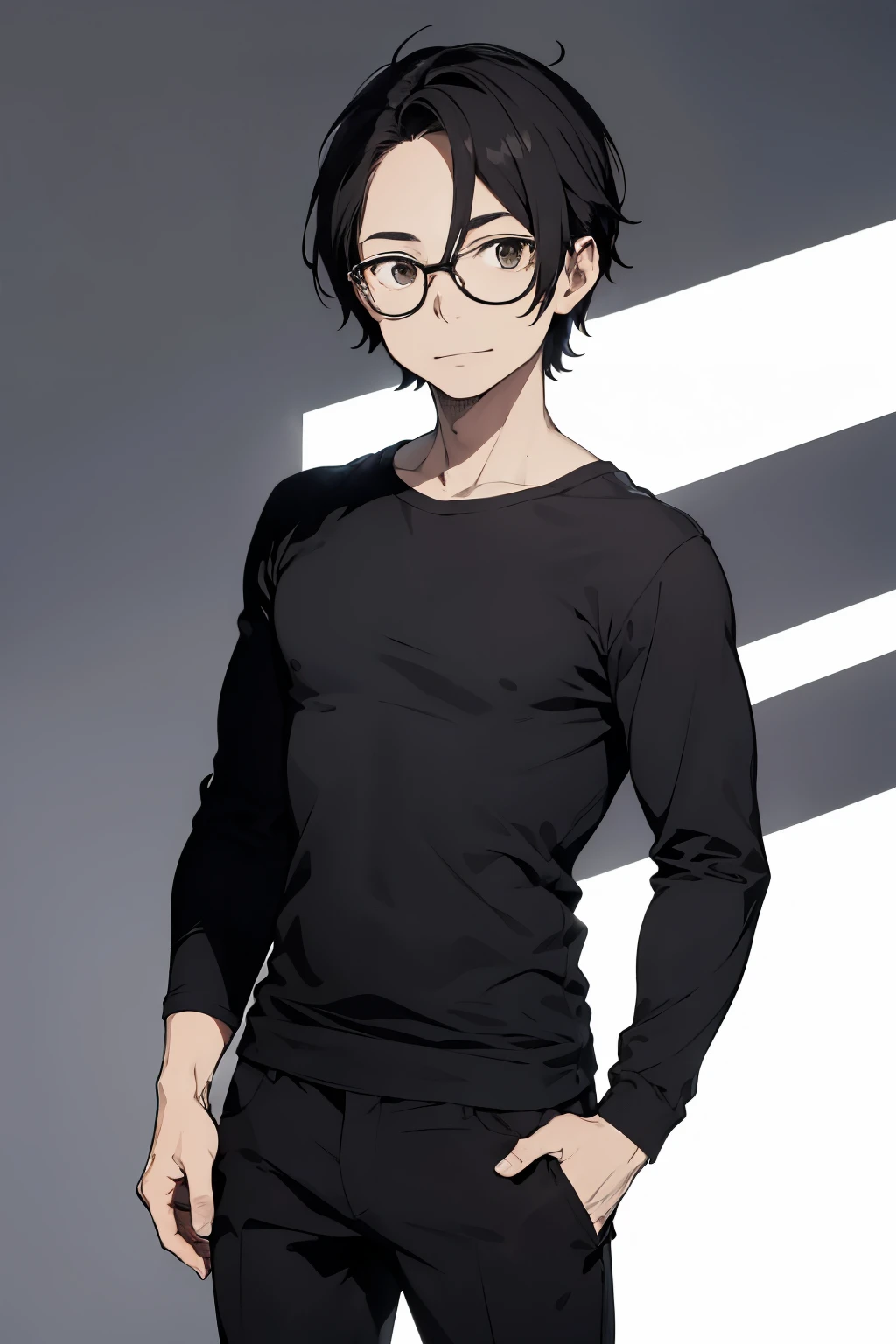 personaje chibi, A man about 35 years old wearing a black shirt and black pants , con bello facial, Brown eyes, que use lentes y el cabello corto y negro.