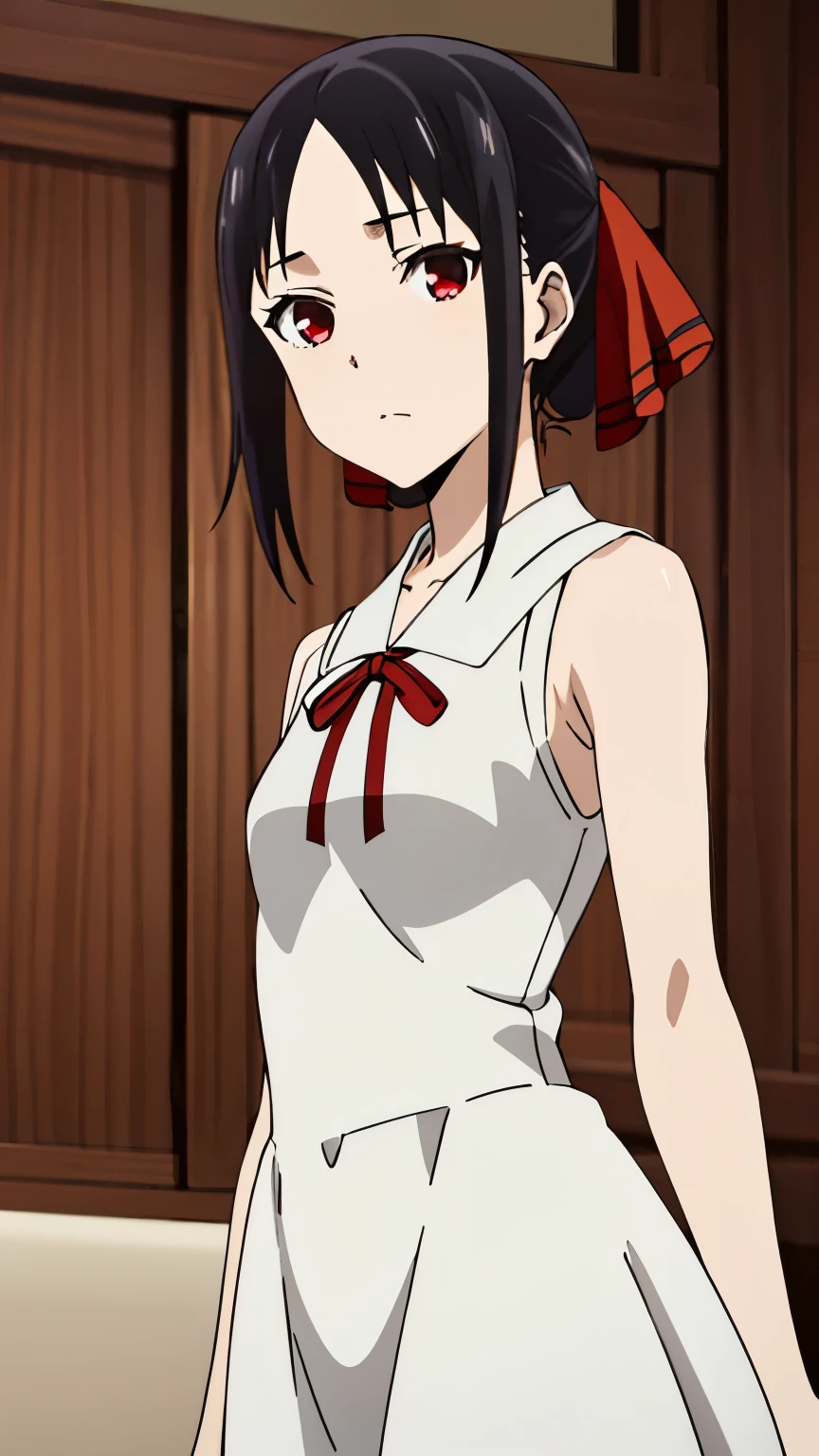 (masterpiece, best quality, high resolution, 8k:1.2),anime art style, Ultra detailed,
Kaguya Shinomiya,One girl, Solo, Black hair, Red eyes, Small breasts,
(Dress, Sleeveless, Red ribbon),
Looking at the viewer,