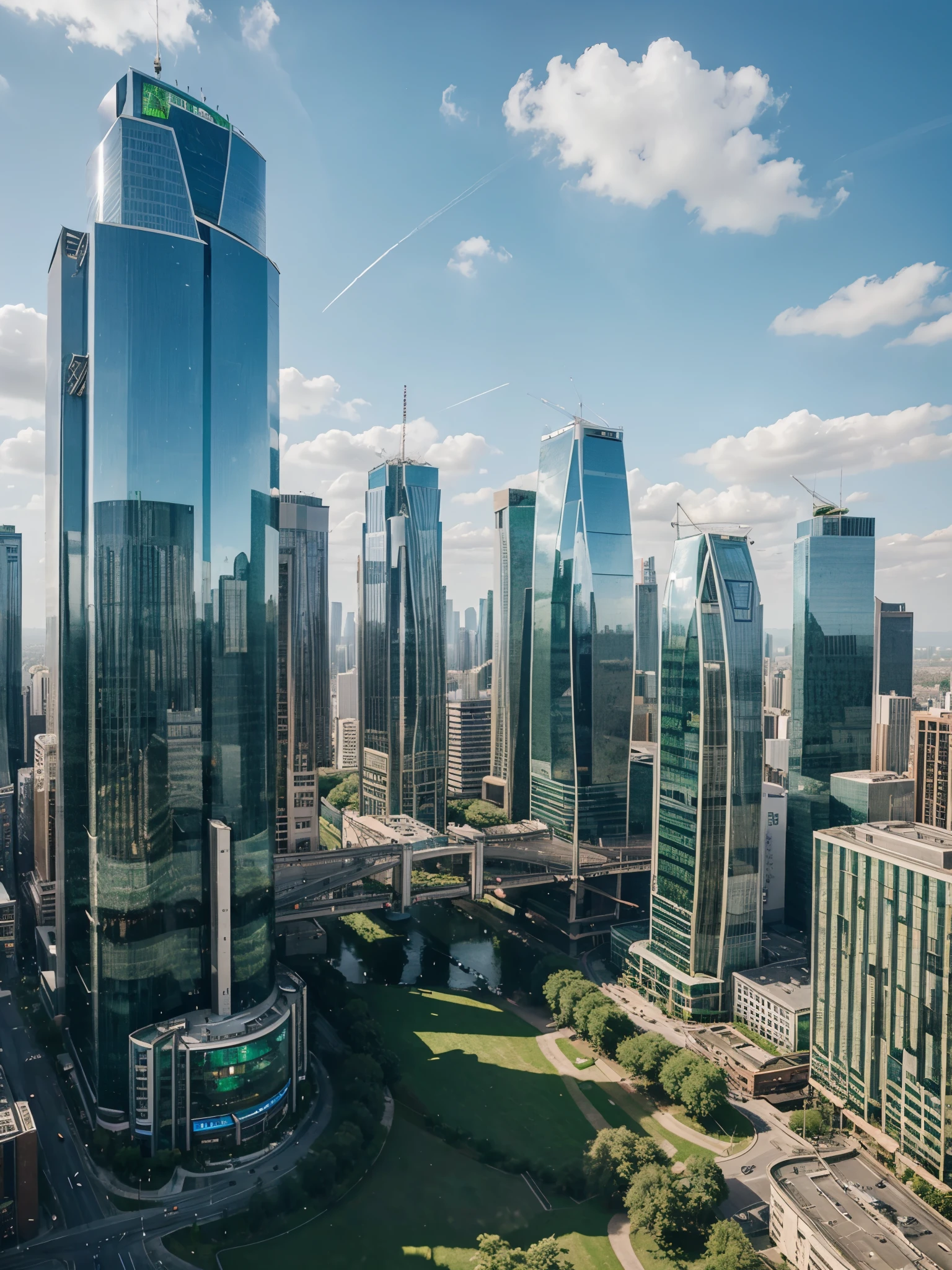 A green future city landscape, Glass and silver buildings connected by sky bridges