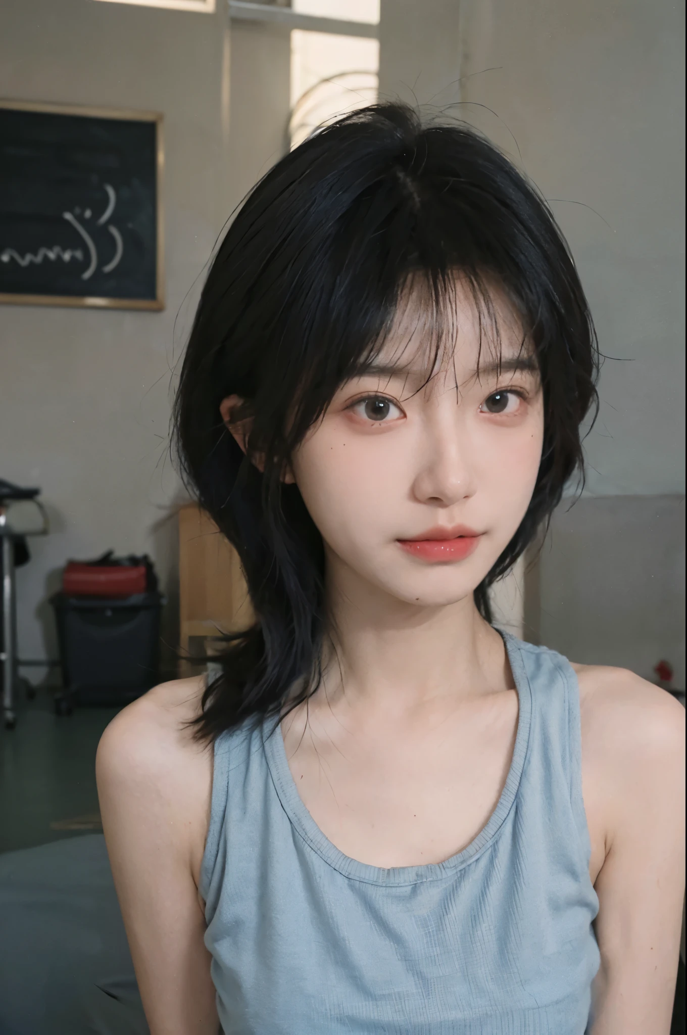 Best quality，Ultra-high resolution，（lifelike：1.4），Cute hairpin，2girll，Short blue hair，jk，Blush，Slim beauty：1.4，Visible abdominal muscles，At school，Ultra-fine face，Exquisite eyes，Double eyelids，