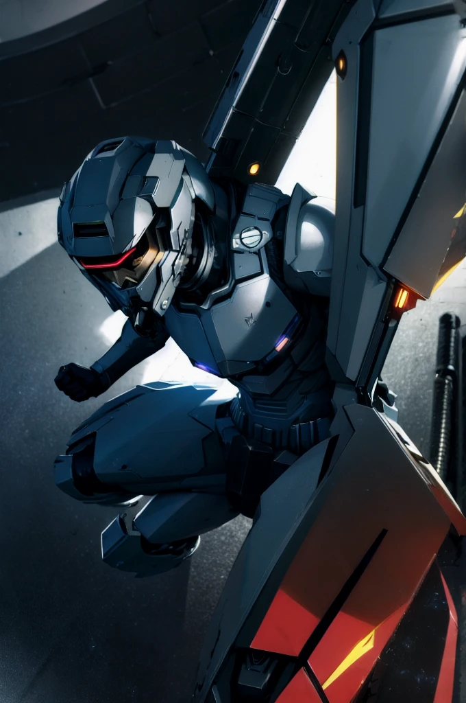masterpiece, best quality, high contrast, angry, black and white colors, high detailed, detailed skin, shonen manga, protagonist, Generate an ultra-realistic image of a futuristic soldier named "The Vanguard." The character is wearing a full black, heavily armored suit designed for a dystopian, war-torn future. The suit should be bulky yet sleek, with metallic and composite materials, featuring reinforced plates, visible tech components (joints, hydraulics), and a mix of smooth and textured surfaces. The helmet is aerodynamic and angular with a bright orange or red visor, incorporating communication devices and HUD interfaces. The body suit under the armor is form-fitting and made of advanced fabric, visible at the joints and neck, with tech patterns or seams. The character wields an energy shield and a heavy plasma cannon, with utility belts and compartments for gadgets. The pose should be ready for battle, highlighting an imposing and heroic silhouette.