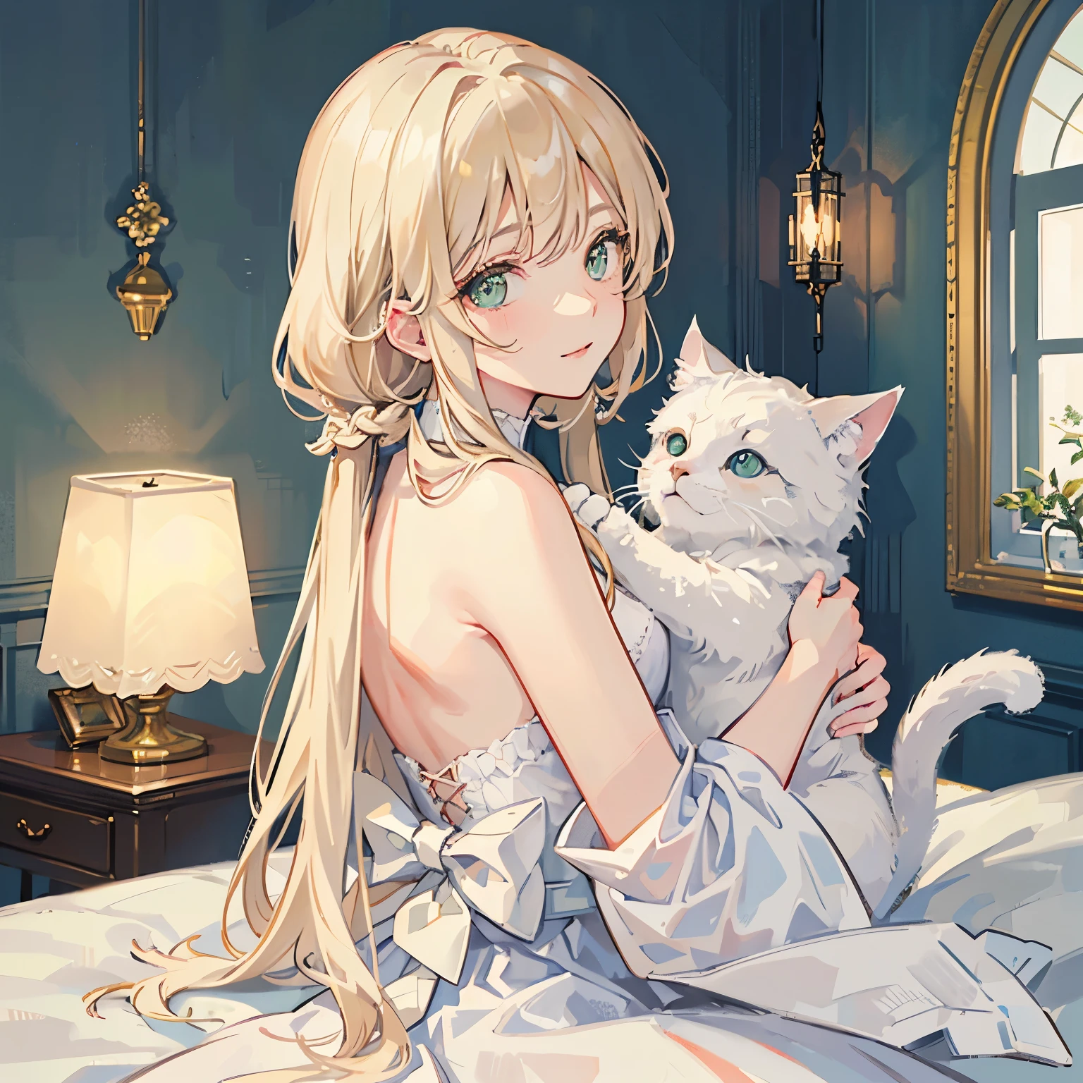 A beautiful, serene half-body illustration of a young woman with light blonde, wavy hair holding a white cat. The woman has green eyes and delicate features, looking gently at the viewer. The cat has green eyes, adding to their harmonious appearance. The background is soft and minimalistic, with a warm, calming color palette. The scene is a close-up shot, focusing on the woman's upper body and face, with the cat nestled comfortably in her arms. The scene on the left side, include a cozy room with soft lighting and elegant furniture. On the right side, add a small table with a vase of fresh flowers, maintaining the tranquil and intimate mood. The overall style should be consistent with a warm, peaceful, and gentle atmosphere.