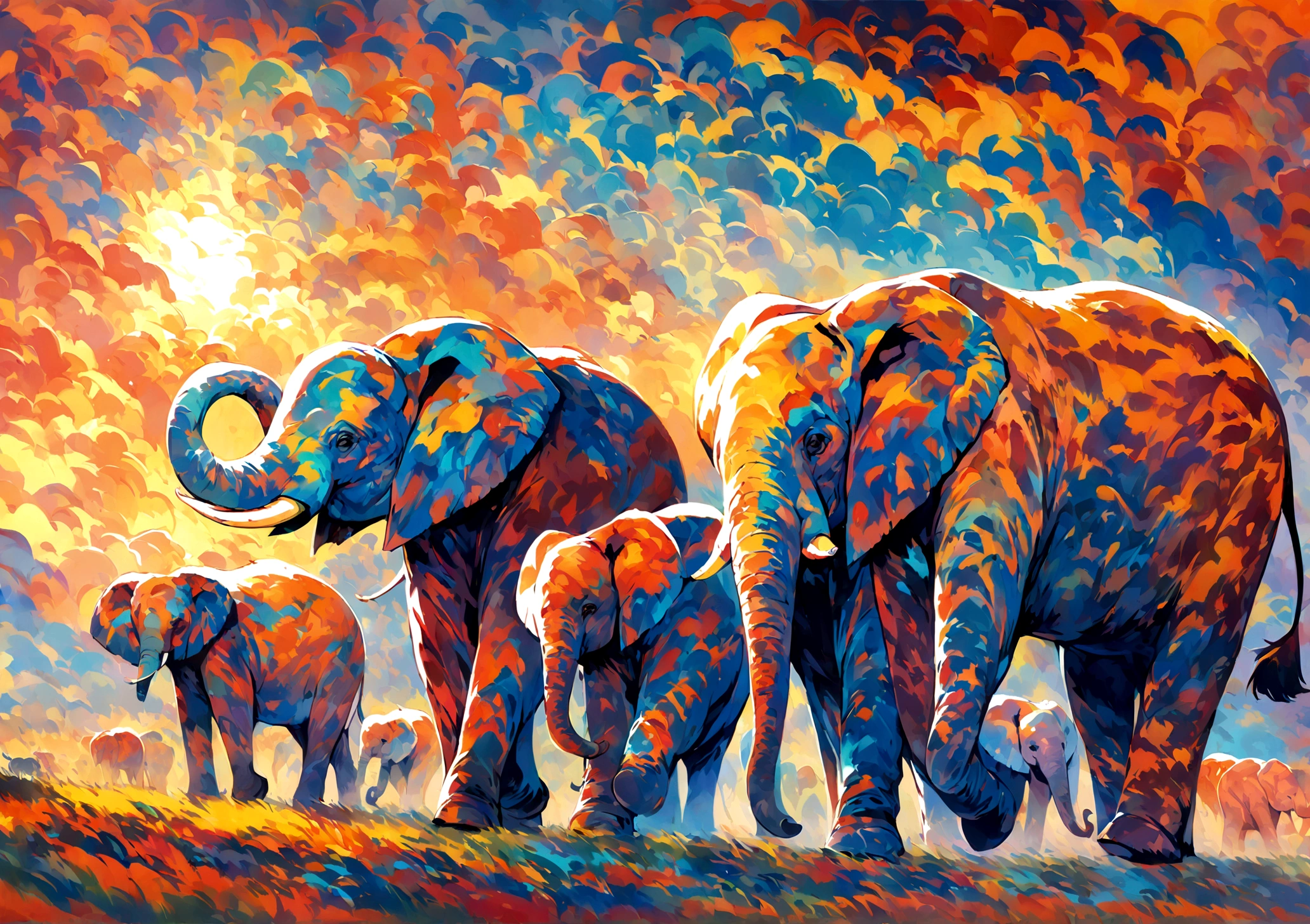 Award-winning art featuring a parade of elephants crossing the savannah. Use bold, Fauvist colors such as vibrant oranges, greens, and blues to paint the elephants and their surroundings. The vigorous brushwork should capture the majestic movement and presence of these creatures as they march across the landscape.
