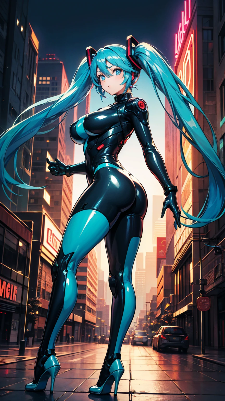 (Highest quality)), (masterpiece), Hatsune Miku VOCALOID, (Twin tails), Light Blue Hair, Water-colored Pupils, Cyberpunk, Ultimate Physical Beauty, Big Ass, (Big Breasts), ((Body suits)), ((high heels)), 12-Legged Girl Has electronic visor fitted to her face, red latex body, cyberpunk mode, (light blue hair: 1.4), breast enlargement, neon lights in the dark city at night, Unreal Engine: 1.4, ultra-high resolution, La highest quality: 1.4, Realistic: 1.4, Skin Texture: 1.4, masterpiece: 1.8, masterpiece, highest