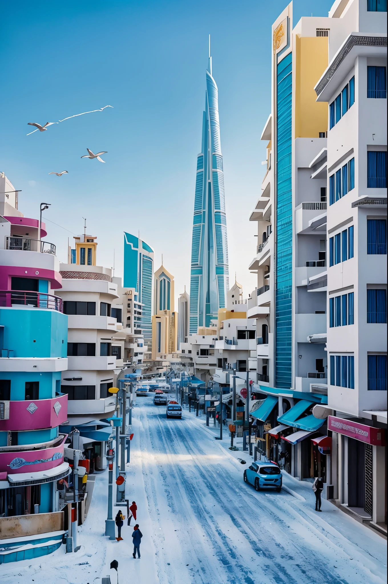 Future Cities in the Kingdom of Bahrain, Manama, There are snowflakes in winter, Bright colors, white and blue, cold, 4k, Practical,Beautiful and stunning artwork,Overlooking,Bird's eye view