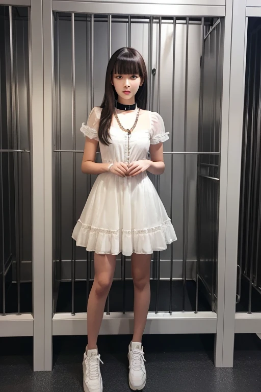 Beautiful woman wearing a dog collar Full body photo In a one-metre cage The collar is chained Attention posture