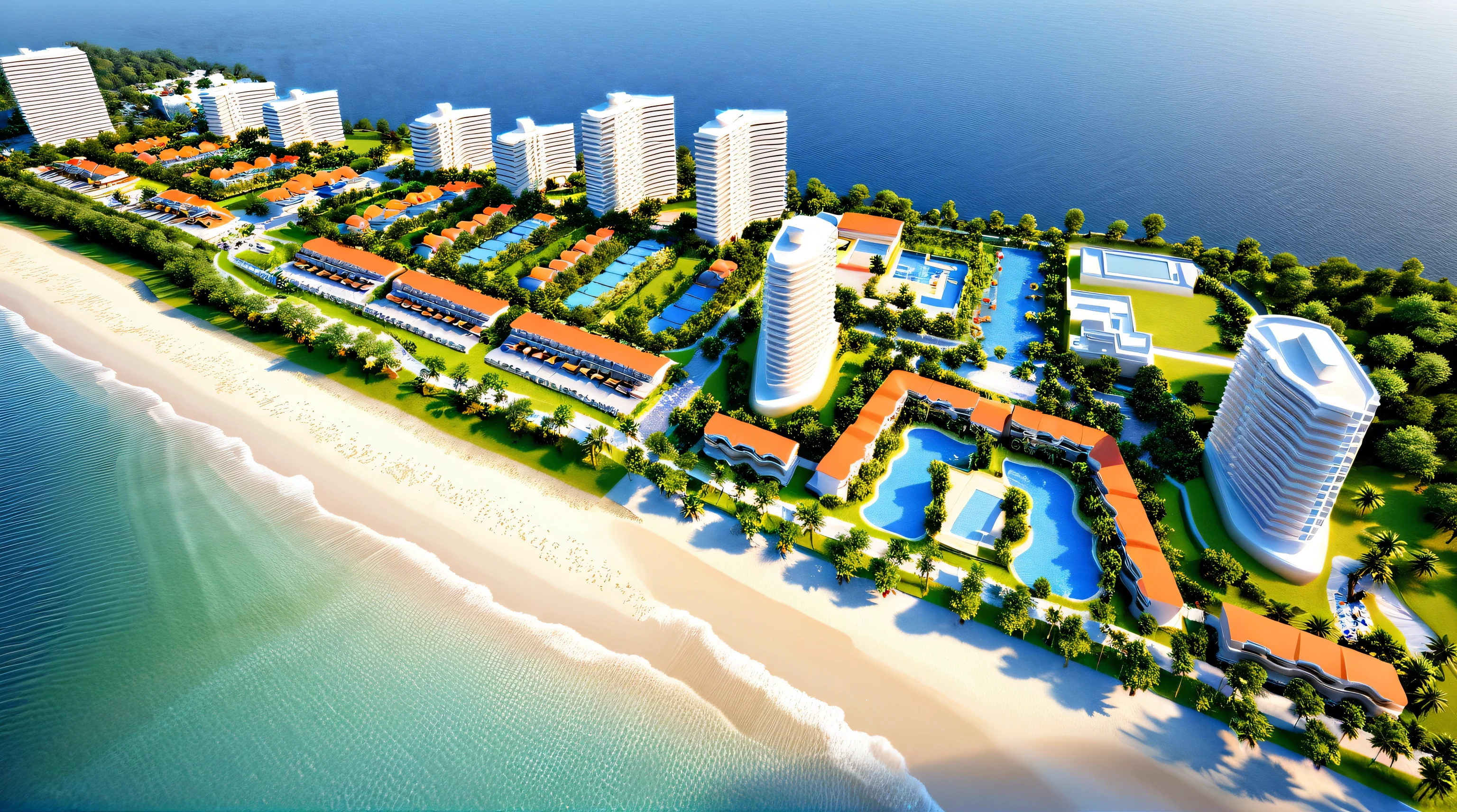 Masterpiece, high quality, best quality, authentic, super detail, outdoors, onestoreyvillaXL, aiaigroup, there is a picture of a city with a beach and a river, sun coast, mixed development, beachfront, tropical coastal city, resort, rendering, port city, highly realistically detailed, digital rendering, 3 d model, 3d model, concept image, highres, in a beachfront environment, high res, artist impression, mantra rendering, full res