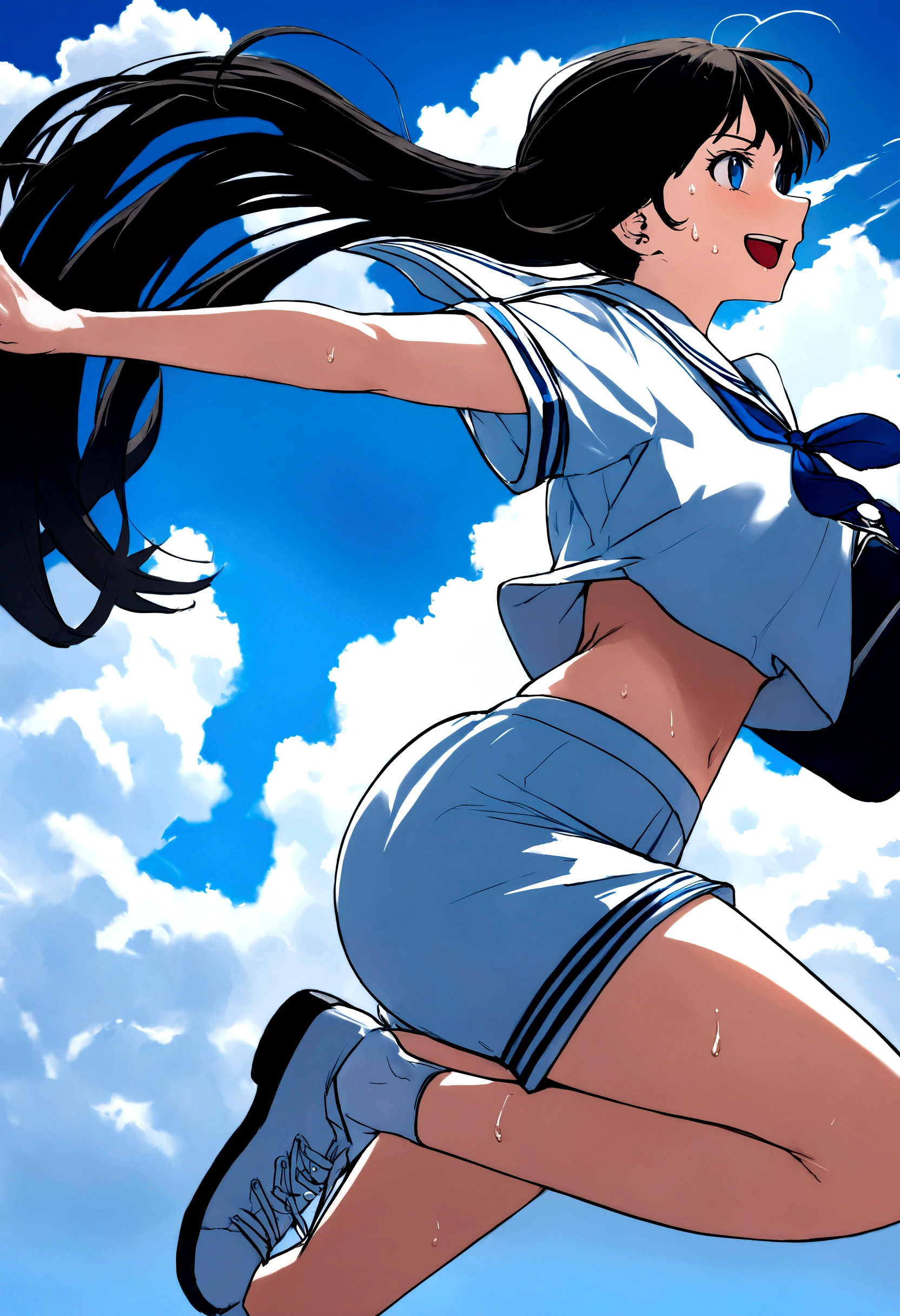 Vast blue sky,Very detailed, delicate and dynamic,A big smile,Super quality, 16k,Student bag,Black Hair,A high school girl runs through the blue sky,White cloud,running,Sailor suit,uniform,youth,,Blue sky,cloud, Wind-effect, background,Sideways dash,Sweat,Sideways dash,sense of achievement,skirt