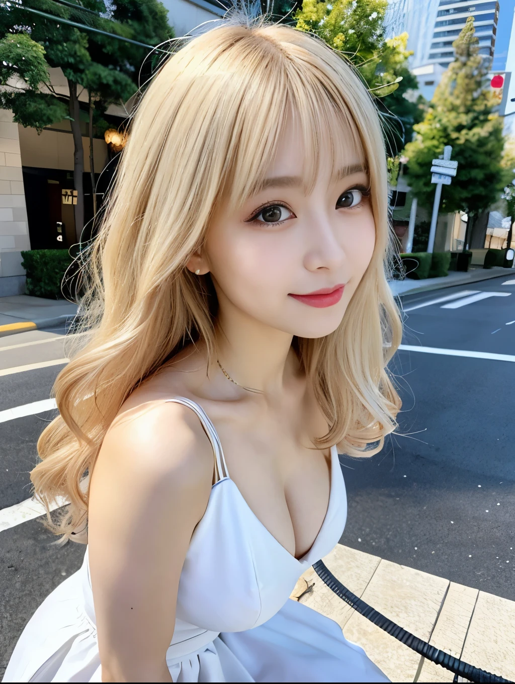 ( Masterpiece, highest quality), 98k, ((Perfect Anatomy:1.3)),Beautiful Japanese Women, Succubus,alone, 18-year-old, Small face,Cute face:1.2,Smiling, Larger breasts, ,Beautifully detailed round eyes, Evenly spaced eyes 1.2, Long platinum blonde hair,Random Hair, (Highly detailed face and skin texture), Beautiful face in golden proportions,White skin,Accentuate your beautiful legs,Cheerleader in white mini dress style,Random sexy poses, Sunny day,(Standing like a model:1.3)