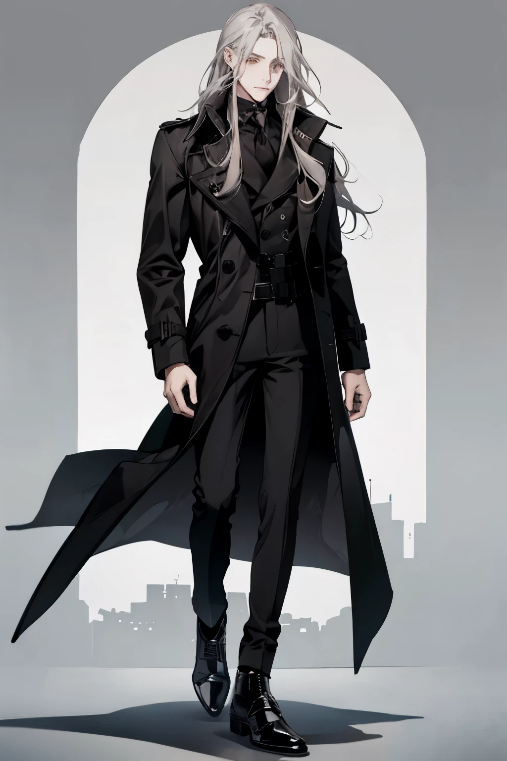 Gray long hair,man,male,Black trench coat,Black pants black shoes,European Clothing,Standing posture