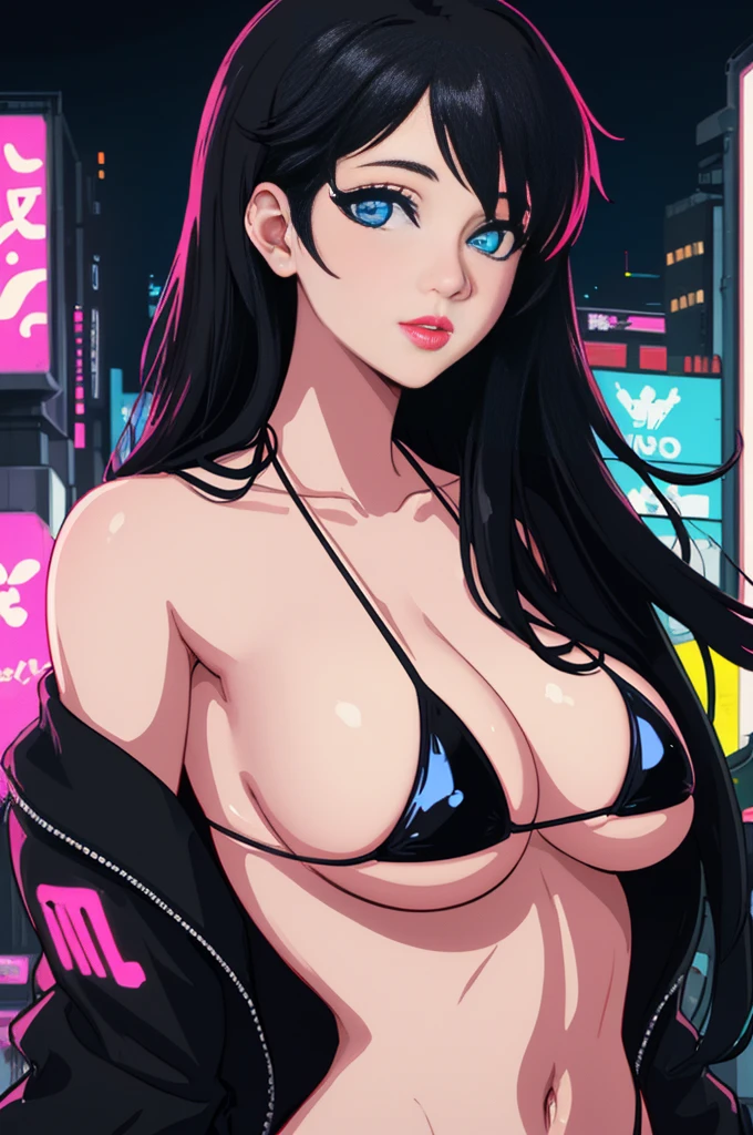 (upper body), close up shot, (high quality, best quality, masterpiece), sexy Misato Katsuragi, (long black hair, bob, bright blue detailed eyes), full lips, cyberpunk neo tokyo well lit highrise building, filled with neon signs, (perfect big sagging breasts), well lit by red neon lights, (translucid), (wearing only a black micro bikini)
