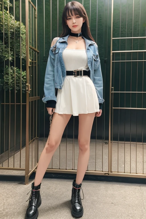 Beautiful woman wearing a dog collar Full body photo In a one-metre cage The collar is chained slouch