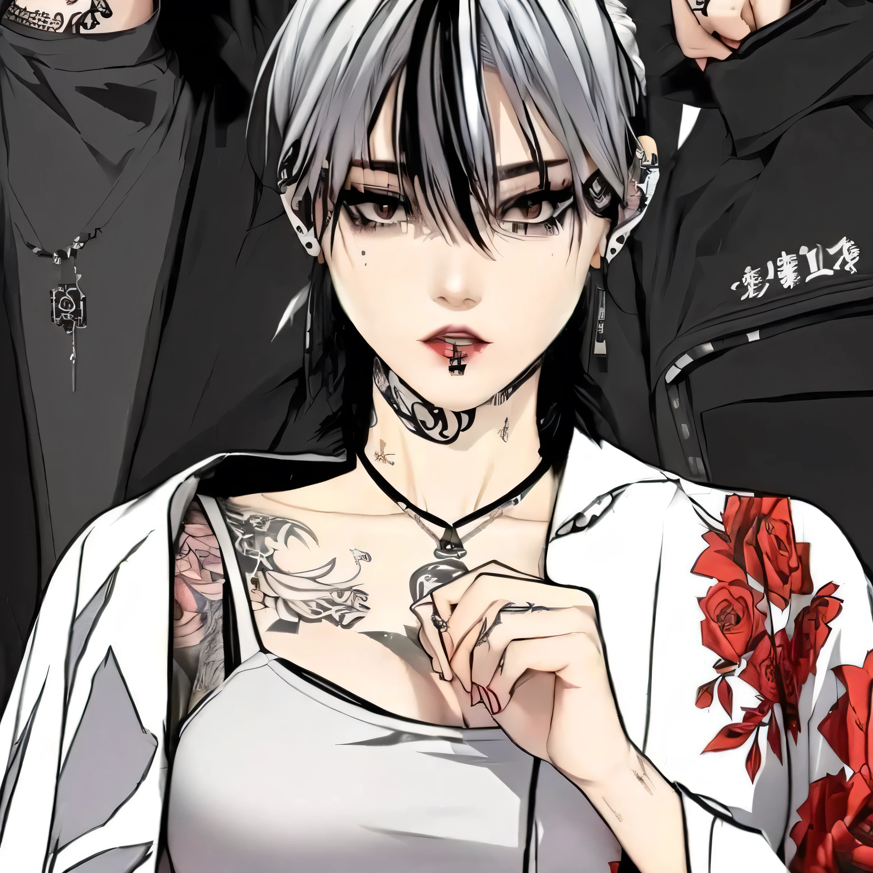 anime characters with tattoos and piercings posing for a picture, anime character; full body art, style windbreaker, manhwa, she has white black hair, she wearing a white sando and white kinomo rose design, 19 years old Korean girl 