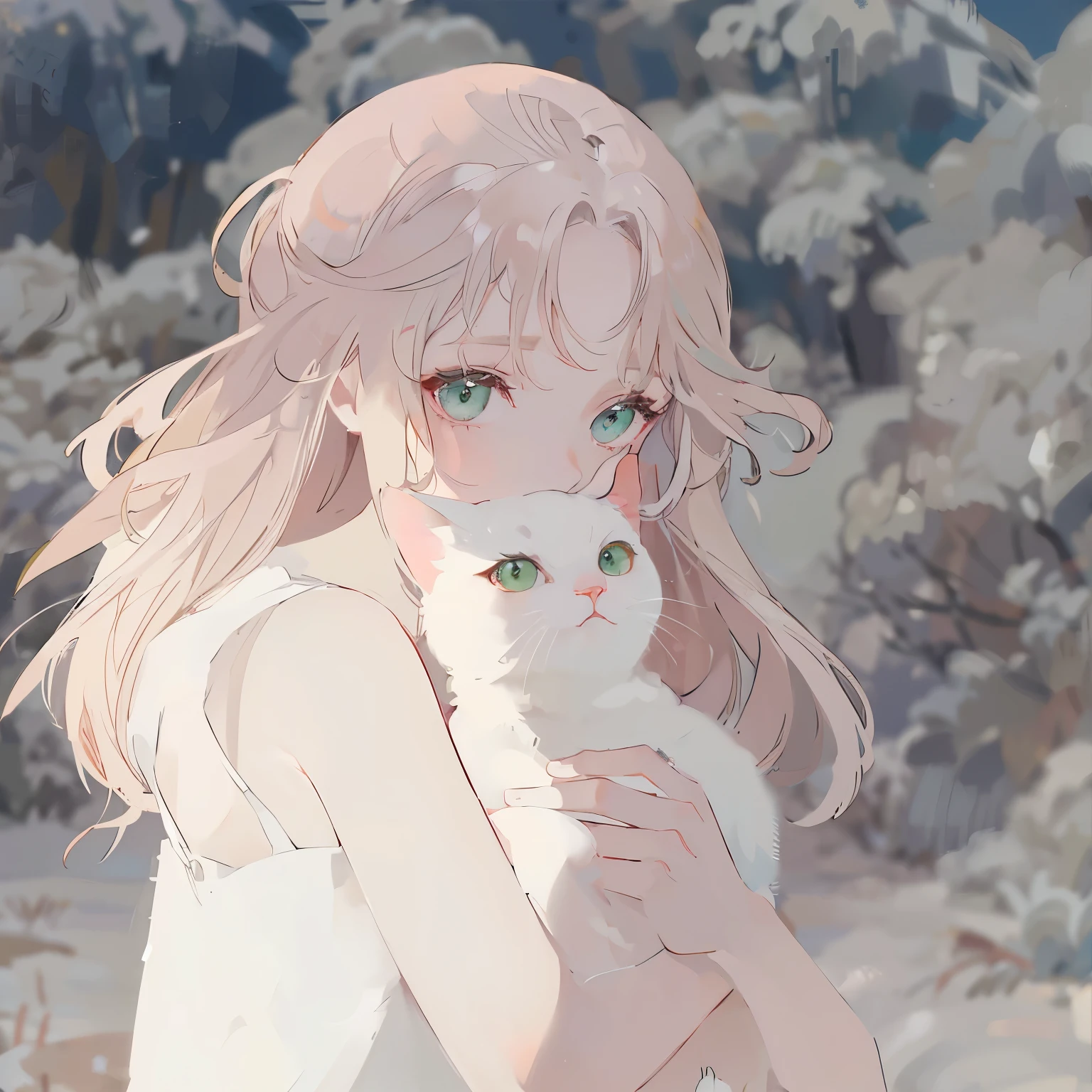 A beautiful, serene half-body illustration of a young woman with light blonde, wavy hair holding a white cat. The woman has green eyes and delicate features, looking gently at the viewer. The cat has green eyes, adding to their harmonious appearance. The background is soft and minimalistic, with a warm, calming color palette. The scene is a close-up shot, focusing on the woman's upper body and face, with the cat nestled comfortably in her arms. The scene on the left side, include a cozy room with soft lighting and elegant furniture. On the right side, add a small table with a vase of fresh flowers, maintaining the tranquil and intimate mood. The overall style should be consistent with a warm, peaceful, and gentle atmosphere.