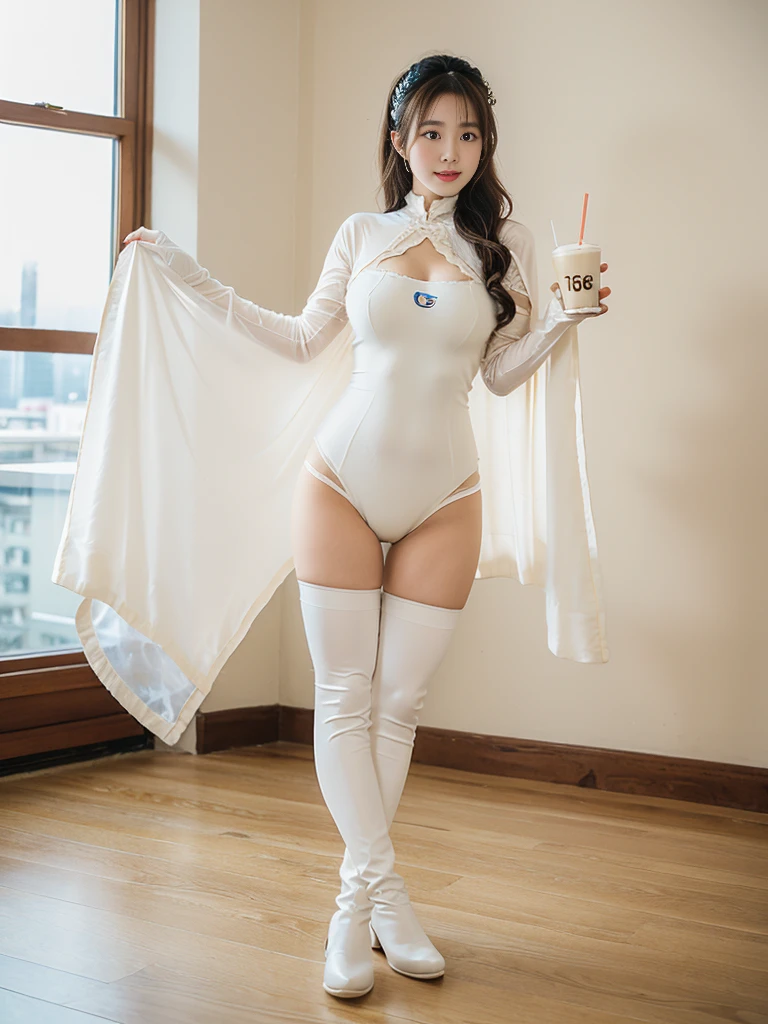 Wearing a milk tea-colored sexy tights with a milk tea-colored cape, her hands are put on milk tea-colored long gloves, and her feet are put on milk tea-colored over-the-knee boots. The original super heroine, the mother of milk tea, is standing and showing her whole body photo of GG with super power and pearl effect.