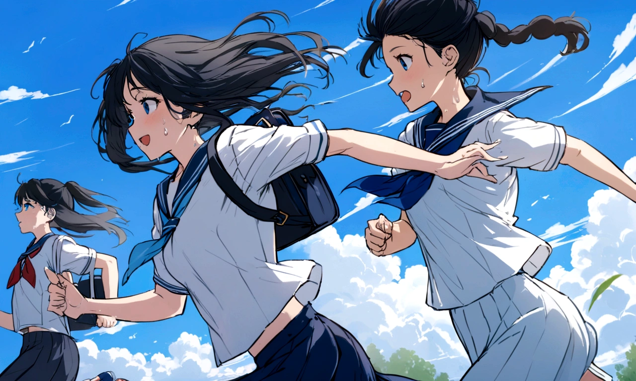 Vast blue sky,Very detailed, delicate and dynamic,A big smile,Super quality, 16k,Student bag,Black Hair,A high school girl runs through the blue sky,白いcloud,running,Sailor suit,uniform,youth,,Blue sky,cloud, Wind-effect, background,Sideways dash,Sweat,Sideways dash,