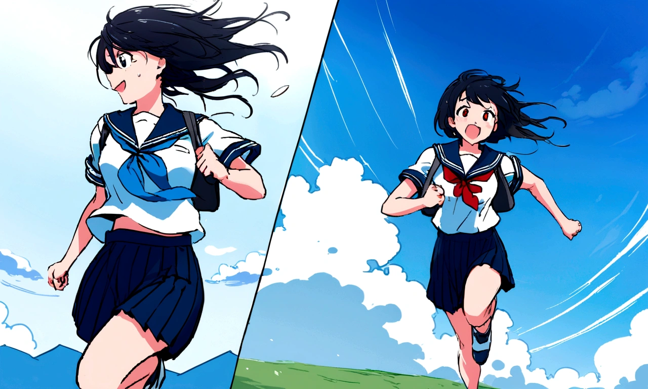 Vast blue sky,Very detailed, delicate and dynamic,A big smile,Super quality, 16k,Student bag,Black Hair,A high school girl runs through the blue sky,白いcloud,running,Sailor suit,uniform,youth,,Blue sky,cloud, Wind-effect, background,Sideways dash,Sweat,Sideways dash,