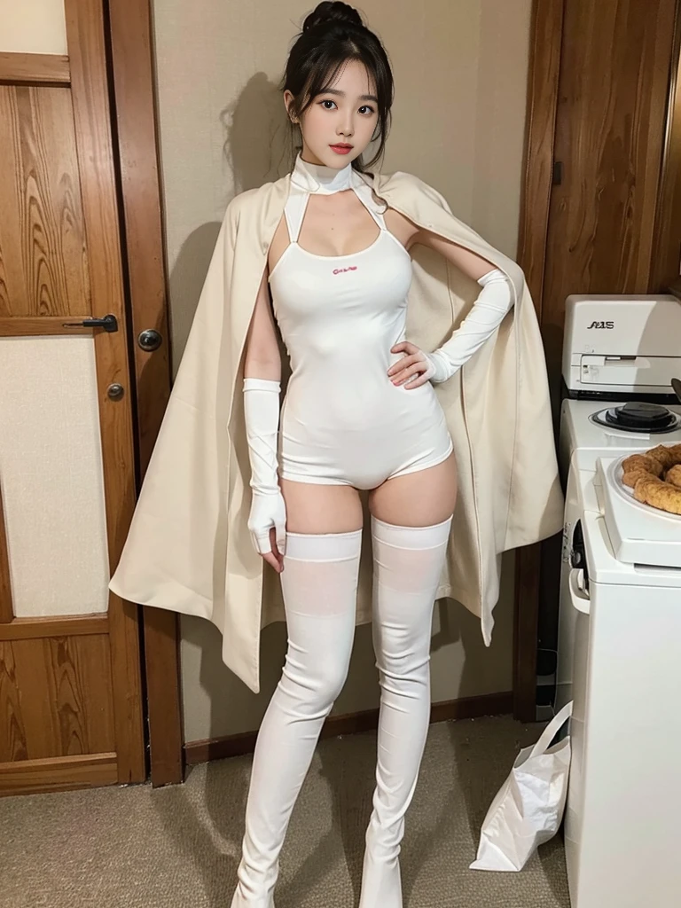 Wearing a milk tea-colored sexy tights with a milk tea-colored cape, her hands are put on milk tea-colored long gloves, and her feet are put on milk tea-colored over-the-knee boots. The original super heroine, the mother of milk tea, is standing and showing her whole body photo of GG with super power and pearl effect.