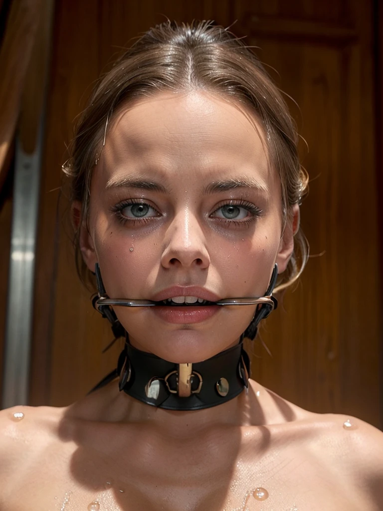 Margot Robbie, (bdsm, bondage, drool dripping, drool dangling) cleavage, 8k, realistic, slave, medium breasts, choker, sexy bra, drool on chest, dripping wet, drooling, drool dripping from chin, hands tied behind back, drool all over face, lots of drool, perfect body, smooth skin, drool on face, drool all over