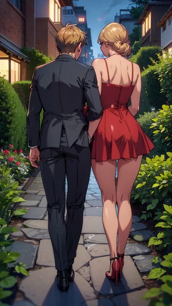 blonde girl walking through a garden at night. The shot shows his back. She wears an elegant red dress. Booty