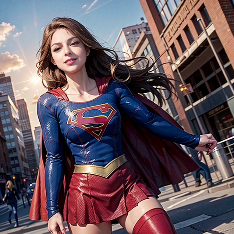 ((best quality)), ((highly detailed)), masterpiece, absurdres, (detailed eyes, deep eyes), (1girl), dutch_angle, upper body, Supergirl, brown hair, long hair, blue eyes, medium breasts, smiling, red skirt, red cape, red boots, blue bodysuit, long sleeves, skindentation, buildings, sky, clouds, sun light
