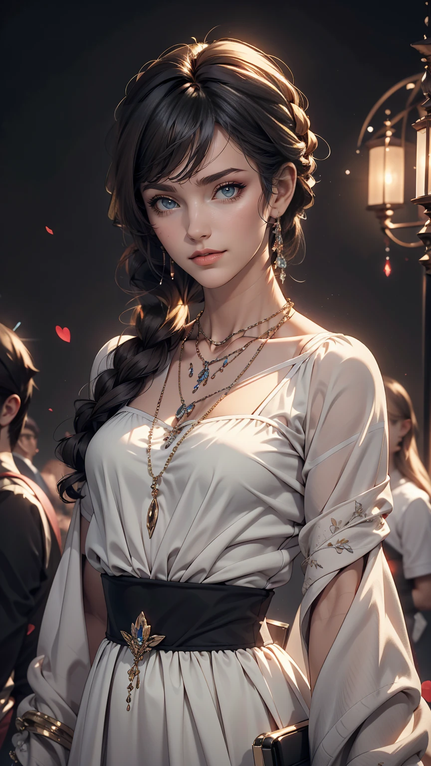 masterpiece,One girl,alone, A light smile, Metal Necklace, White shirt, Modern , accessories, Purple and black two-tone hair color, Unique Hairstyles, stylish, Black background