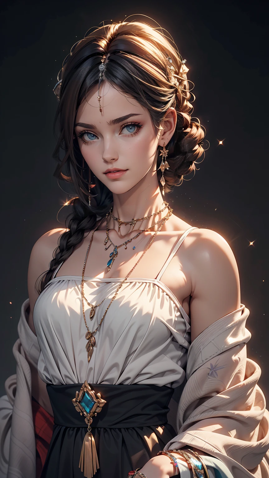 masterpiece,One girl,alone, A light smile, Metal Necklace, White shirt, Modern , accessories, Purple and black two-tone hair color, Unique Hairstyles, stylish, Black background