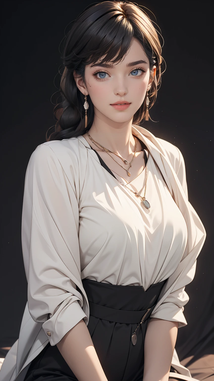 masterpiece,One girl,alone, A light smile, Metal Necklace, White shirt, Modern , accessories, Purple and black two-tone hair color, Unique Hairstyles, stylish, Black background