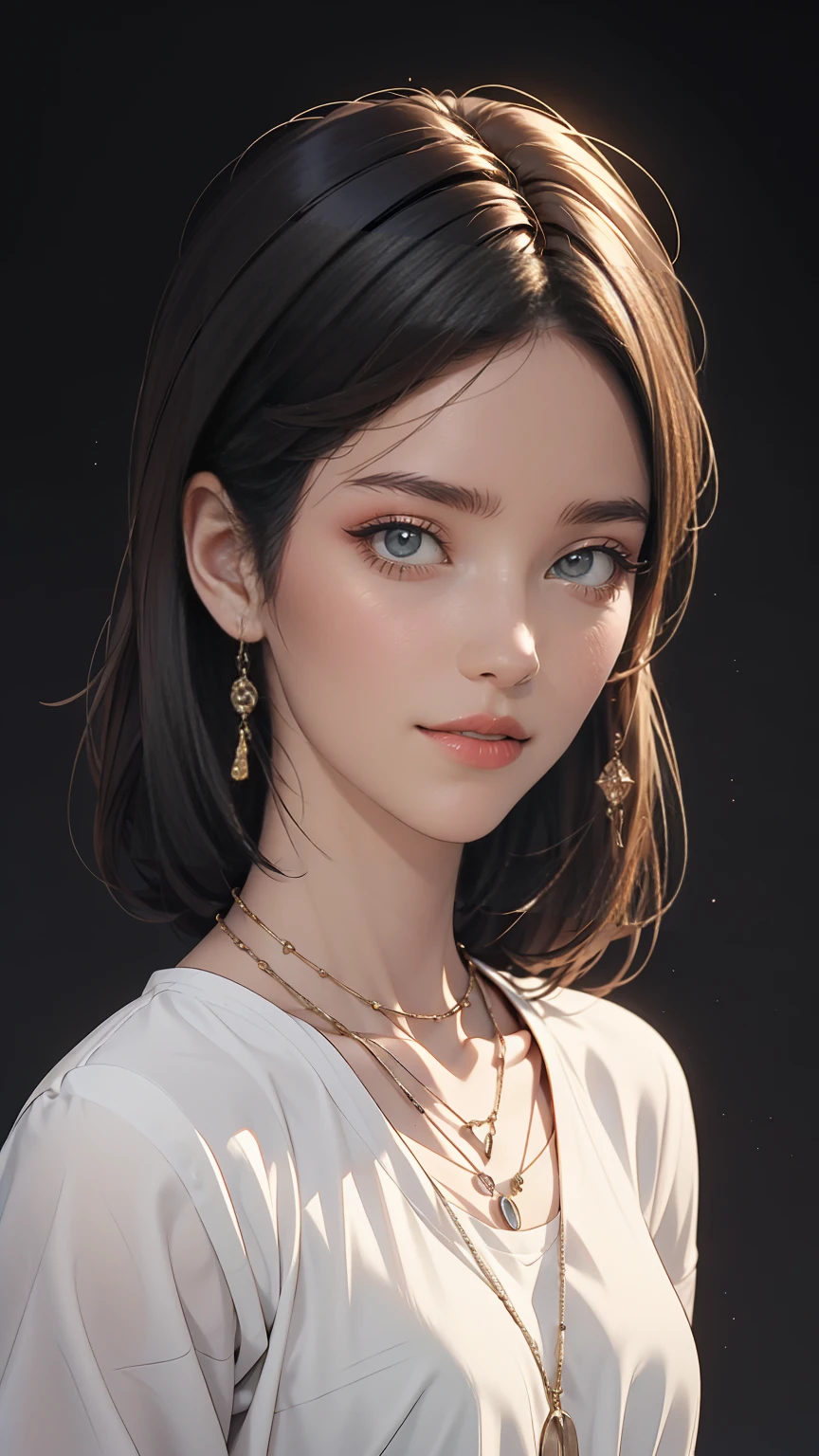 masterpiece,One girl,alone, A light smile, Metal Necklace, White shirt, Modern , accessories, Purple and black two-tone hair color, Unique Hairstyles, stylish, Black background