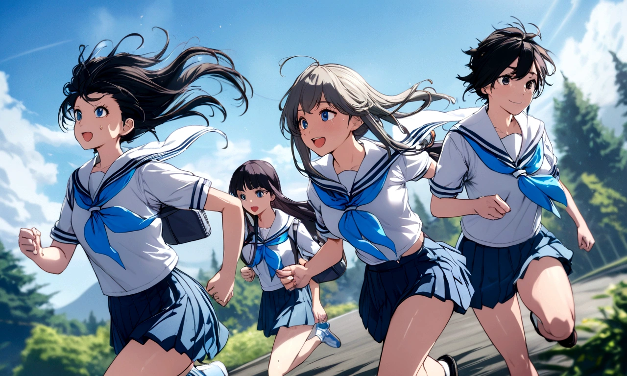 Vast blue sky,Very detailed, delicate and dynamic,A big smile,Super quality, 16k,Student bag,Black Hair,A high school girl runs through the blue sky,白いcloud,running,Sailor suit,uniform,youth,,Blue sky,cloud, Wind-effect, background,Sideways dash,Sweat,Sideways dash,sense of achievement